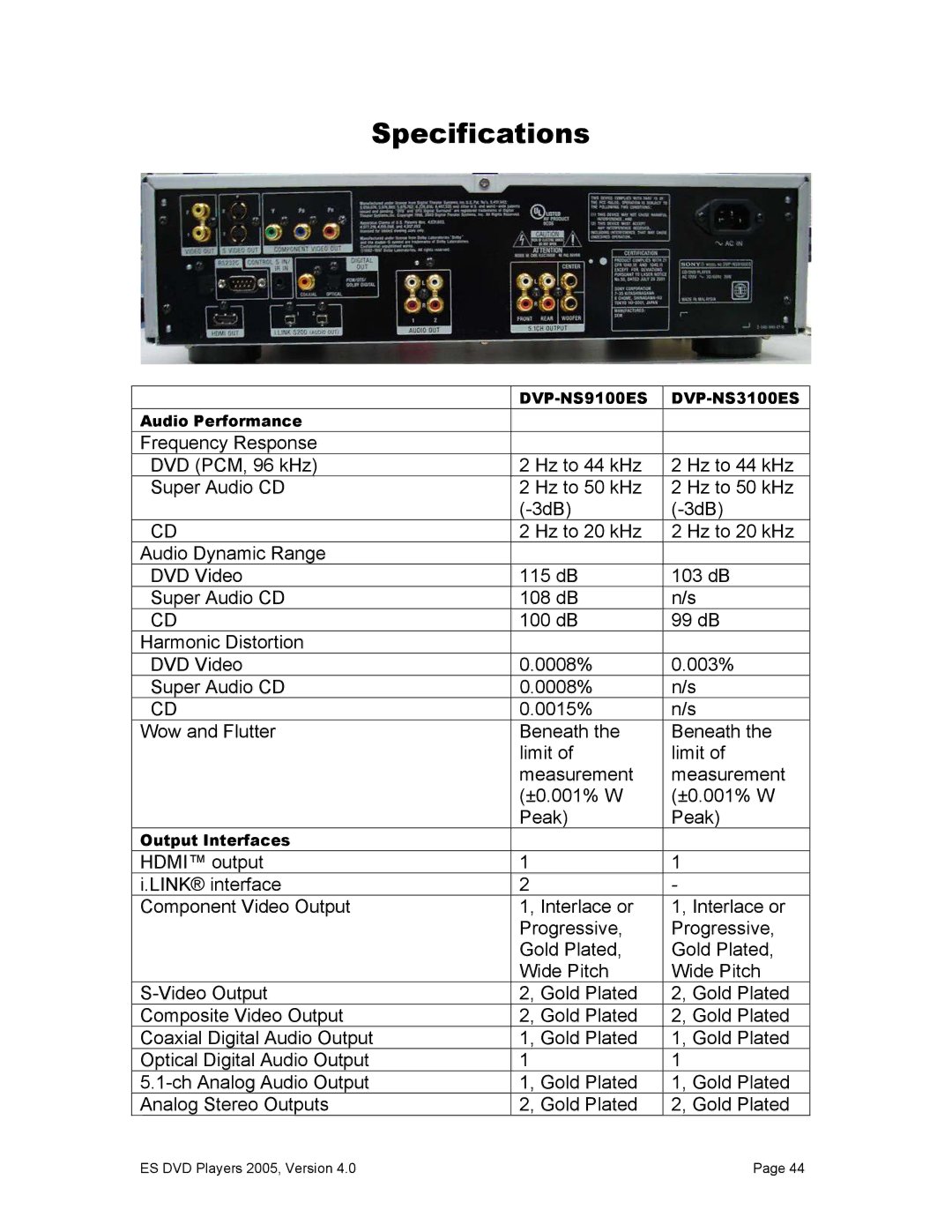 Sony NS3100, DVP-NS9100ES manual Specifications 