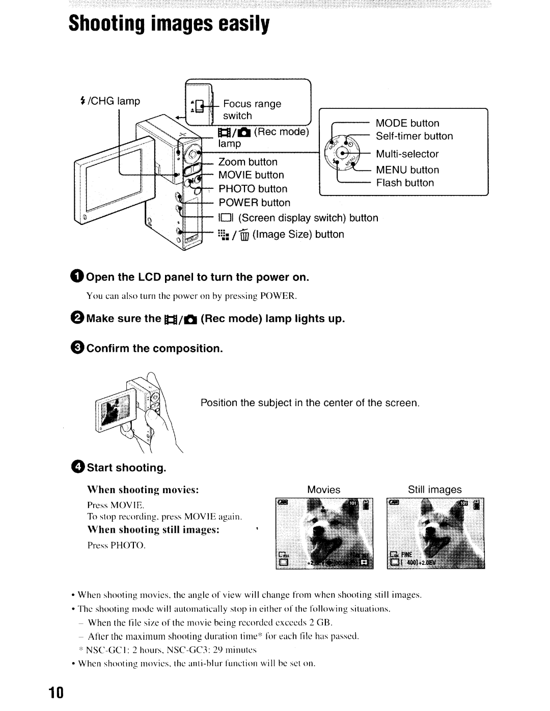 Sony NSC-GC1/GC3 instruction manual Open the LCD panel to turn the power on, Start shooting 