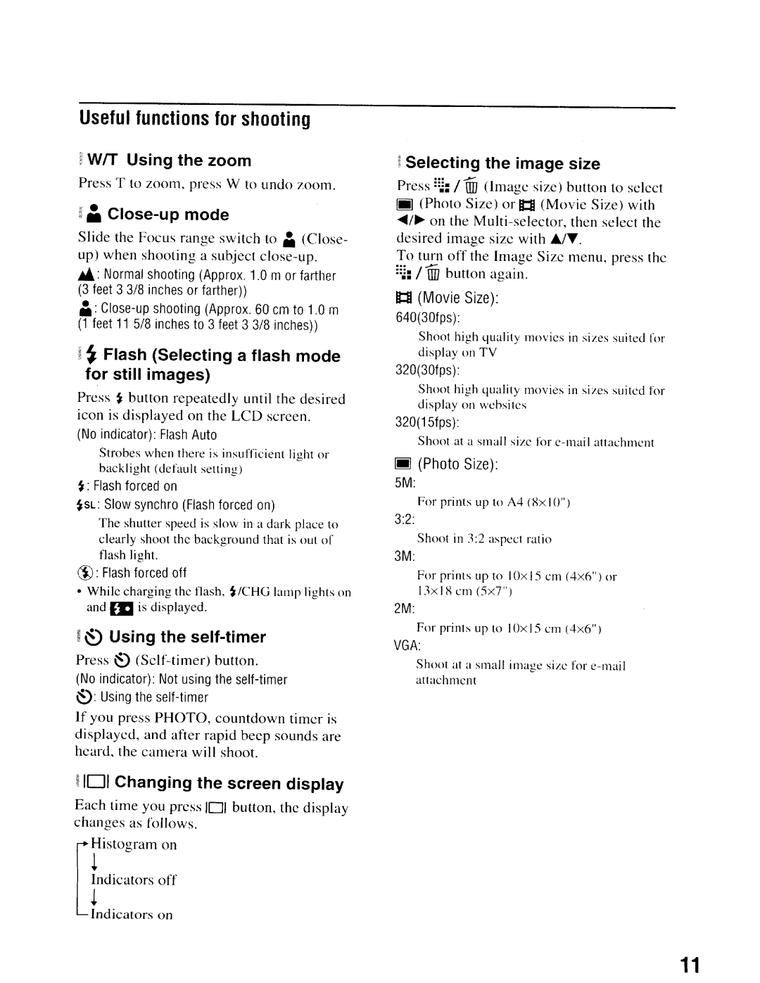 Sony NSC-GC1/GC3 instruction manual WIT Using the zoom, Close-up mode, ~ Flash Selecting a flash mode for still images 