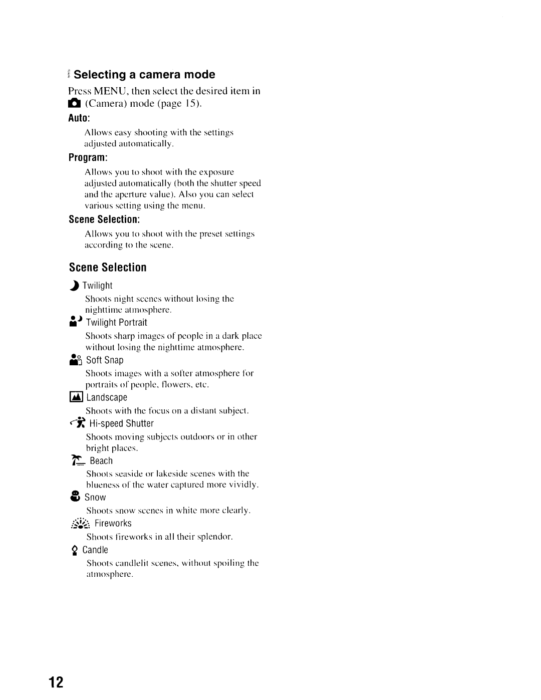 Sony NSC-GC1/GC3 instruction manual Scene Selection, Selecting a camera mode, Auto, Program 