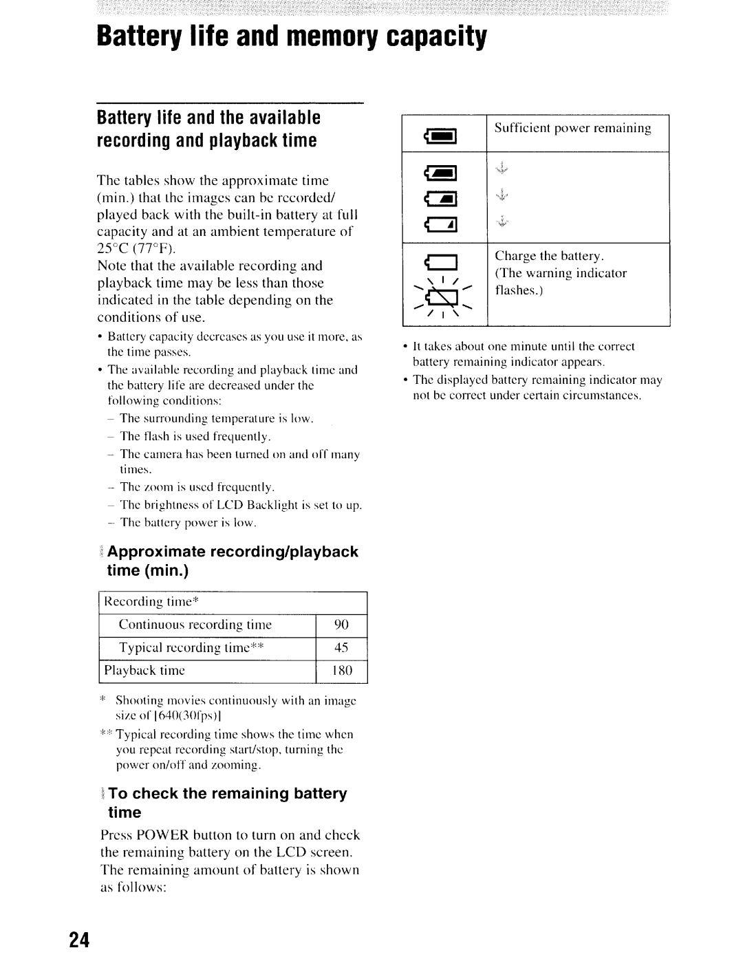 Sony NSC-GC1/GC3 Battery life and the available recording and playback time, Approximate recording/playback time min 