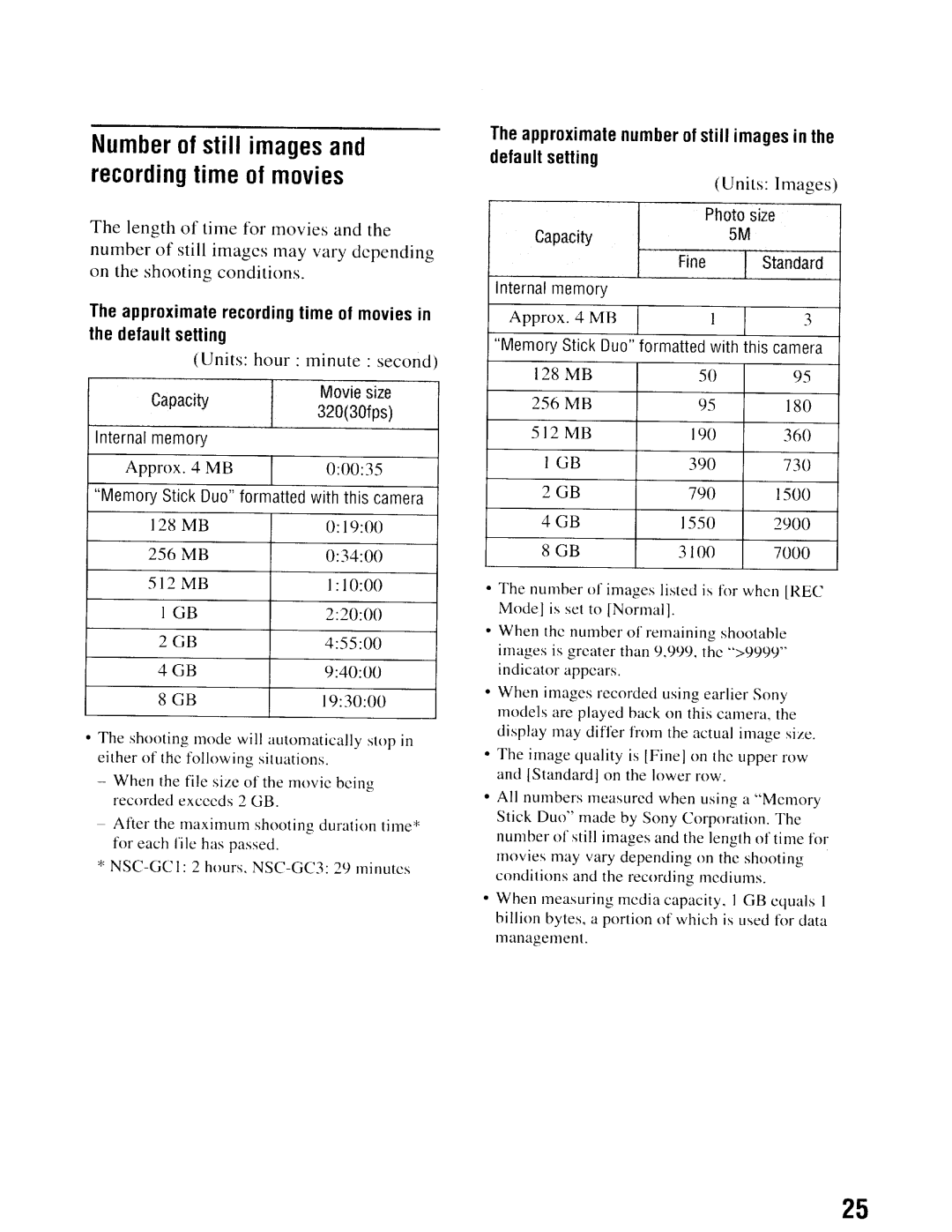 Sony NSC-GC1/GC3 instruction manual Number of still images and recording time of movies 