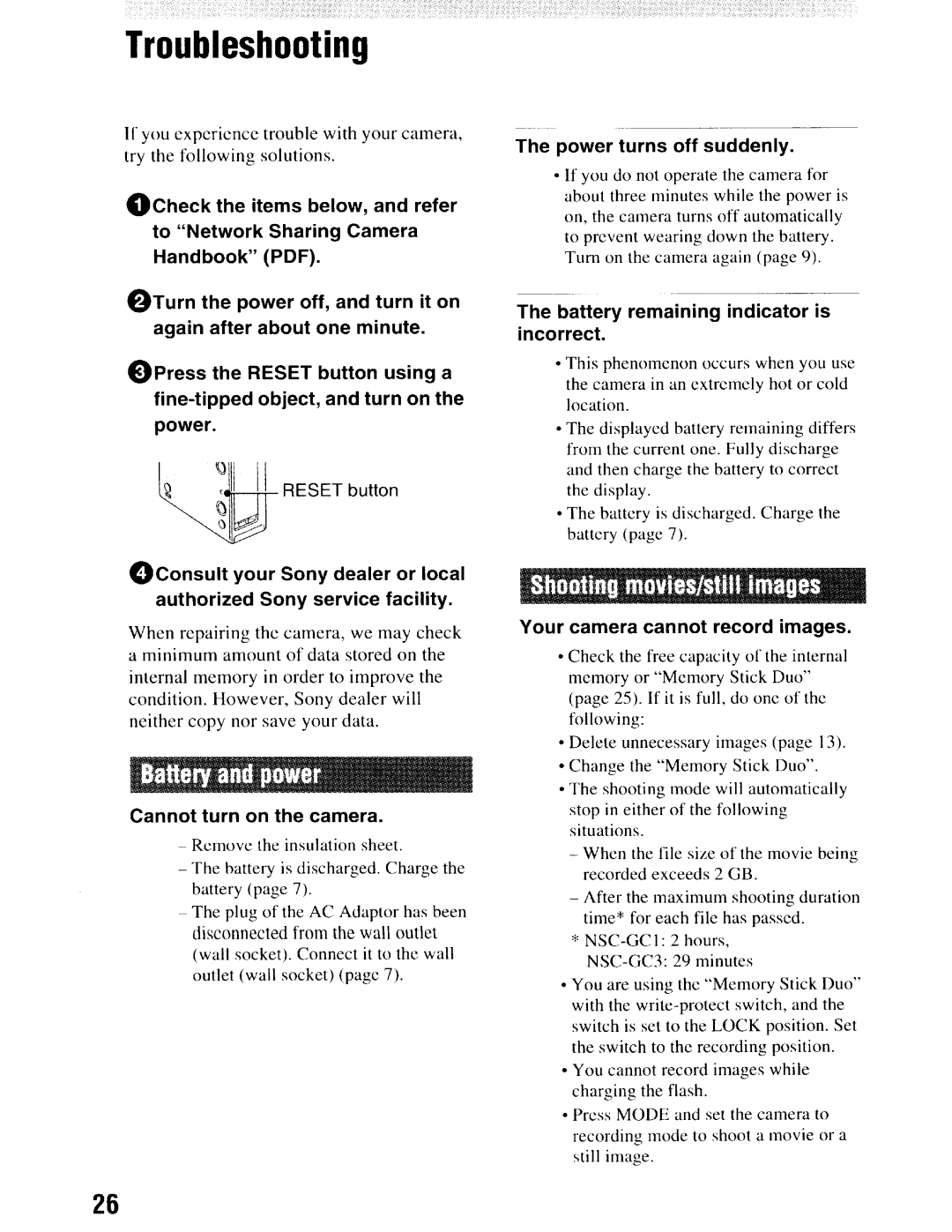 Sony NSC-GC1/GC3 Troubleshooting, Cannot turn on the camera, Power turns off suddenly, Your camera cannot record images 