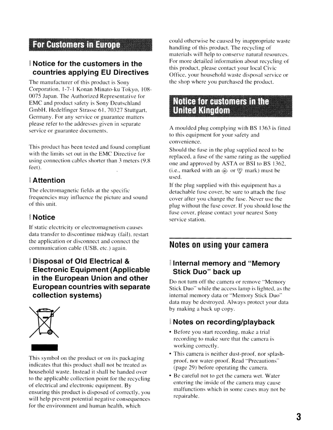 Sony NSC-GC1/GC3 instruction manual For Customers in Europe 