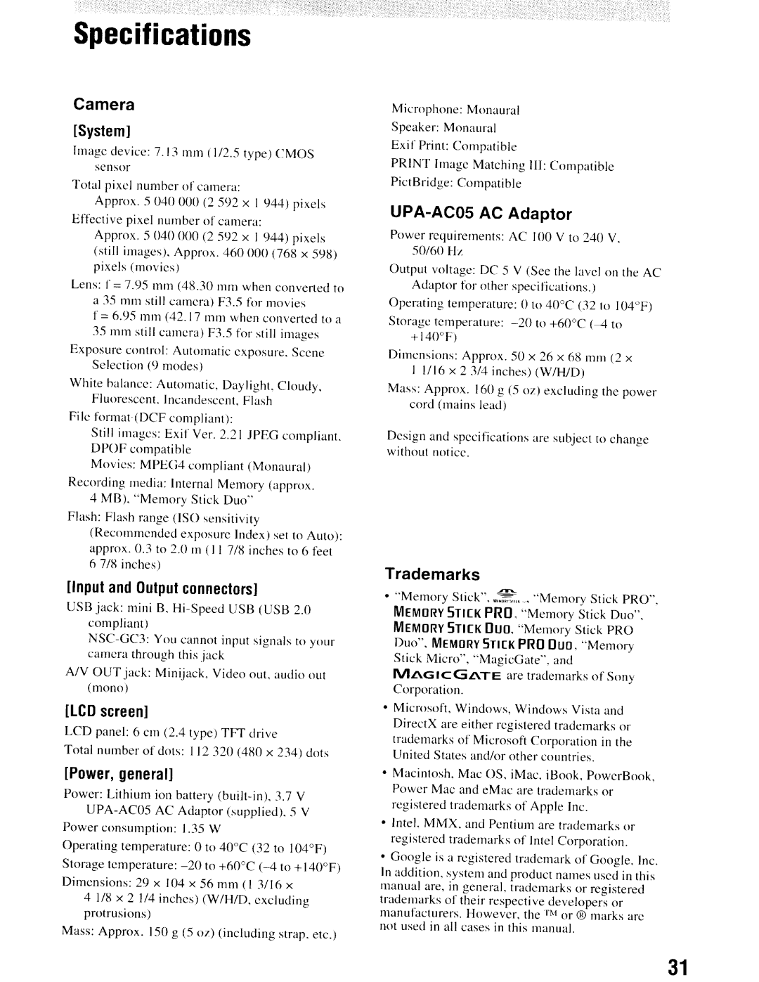 Sony NSC-GC1/GC3 instruction manual Specifications, Camera System 