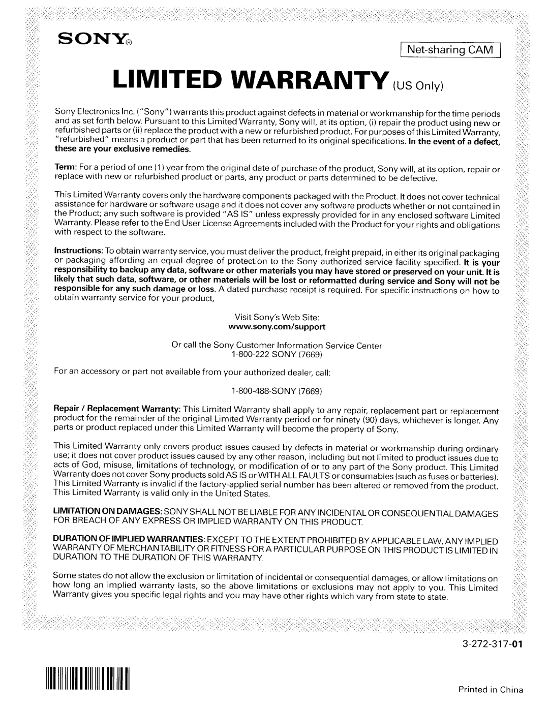 Sony NSC-GC1/GC3 instruction manual Limited Warranty US Only 