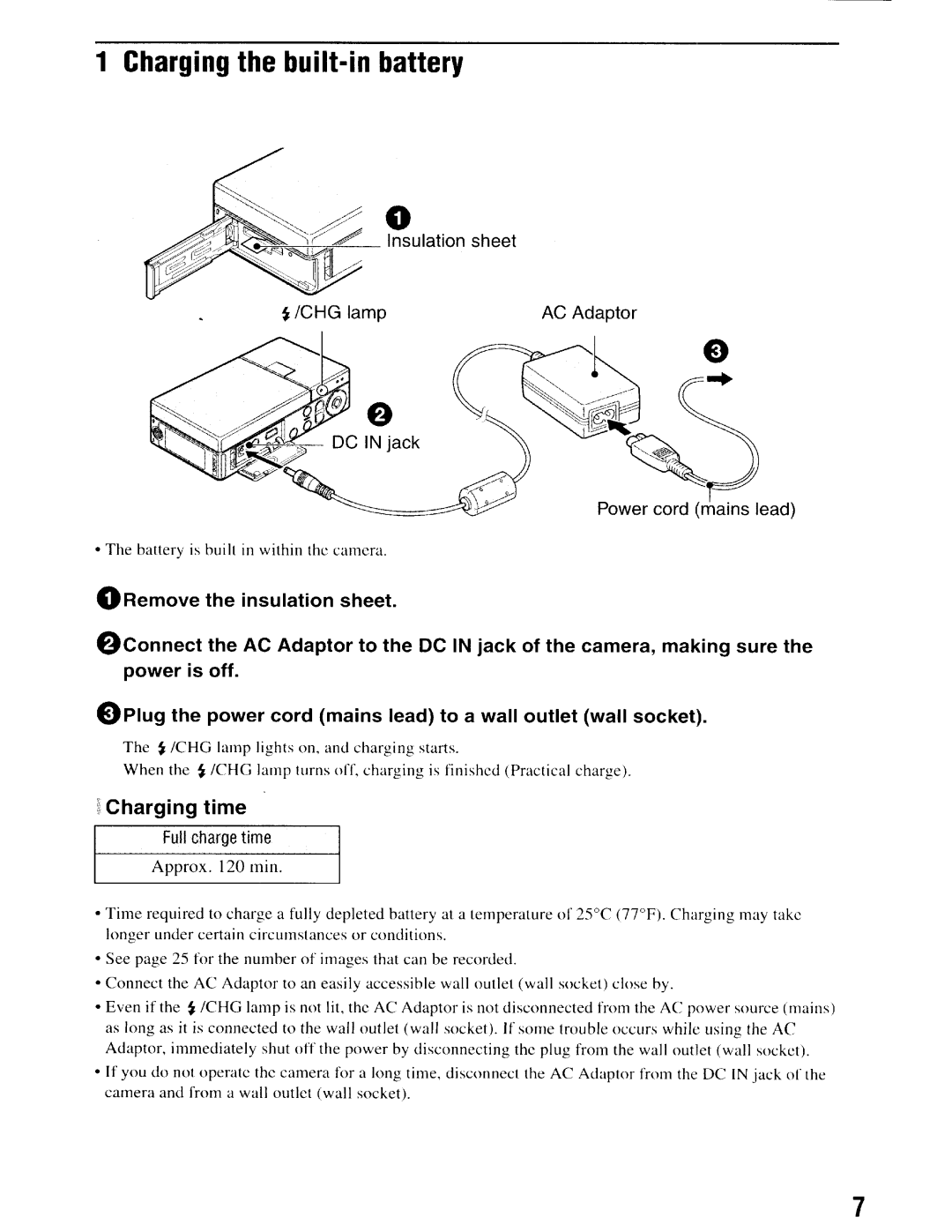 Sony NSC-GC1/GC3 instruction manual Charging the built-in battery, NCharging time 