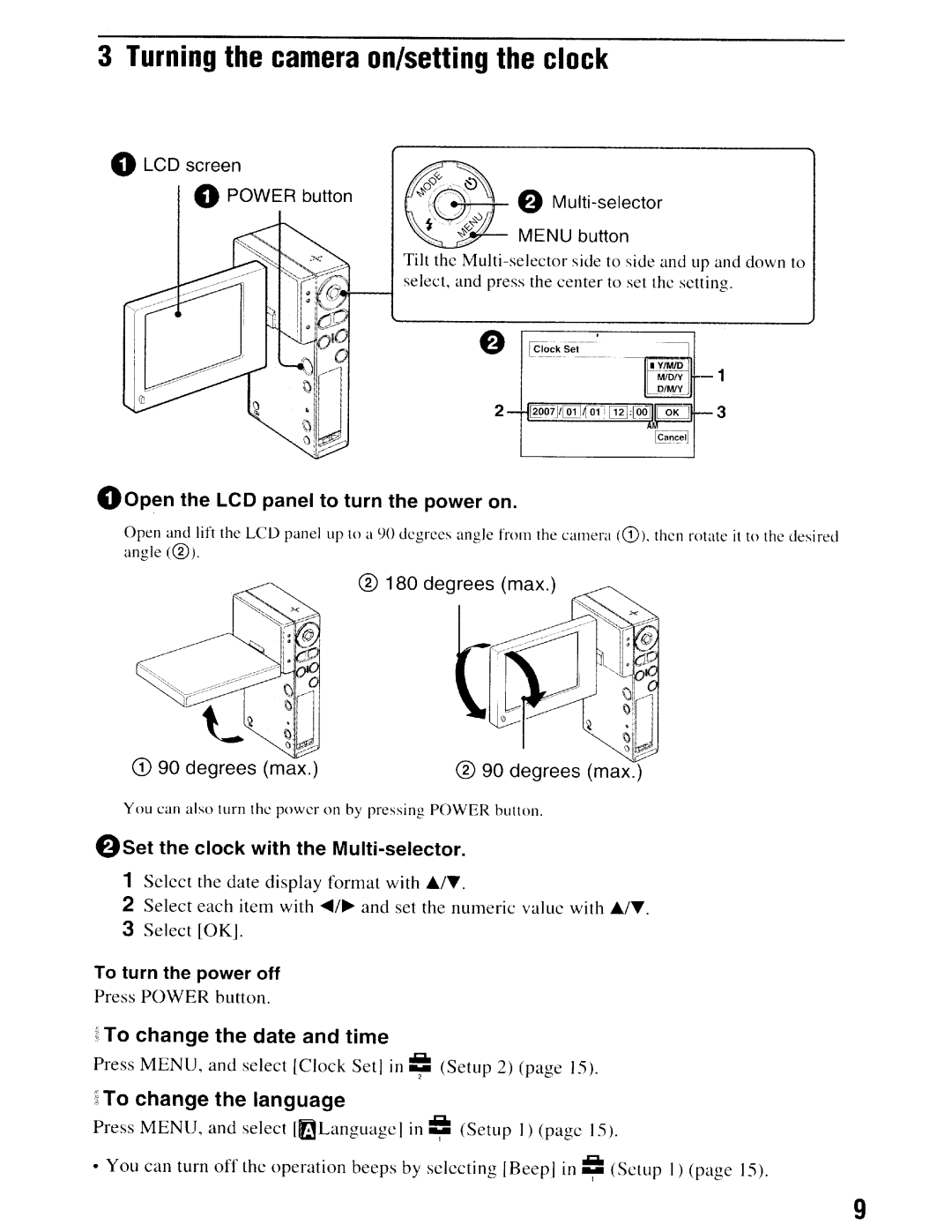 Sony NSC-GC1/GC3 GOpen the LCD panel to turn the power on, FJSet the clock with the Multi-selector, To change the language 