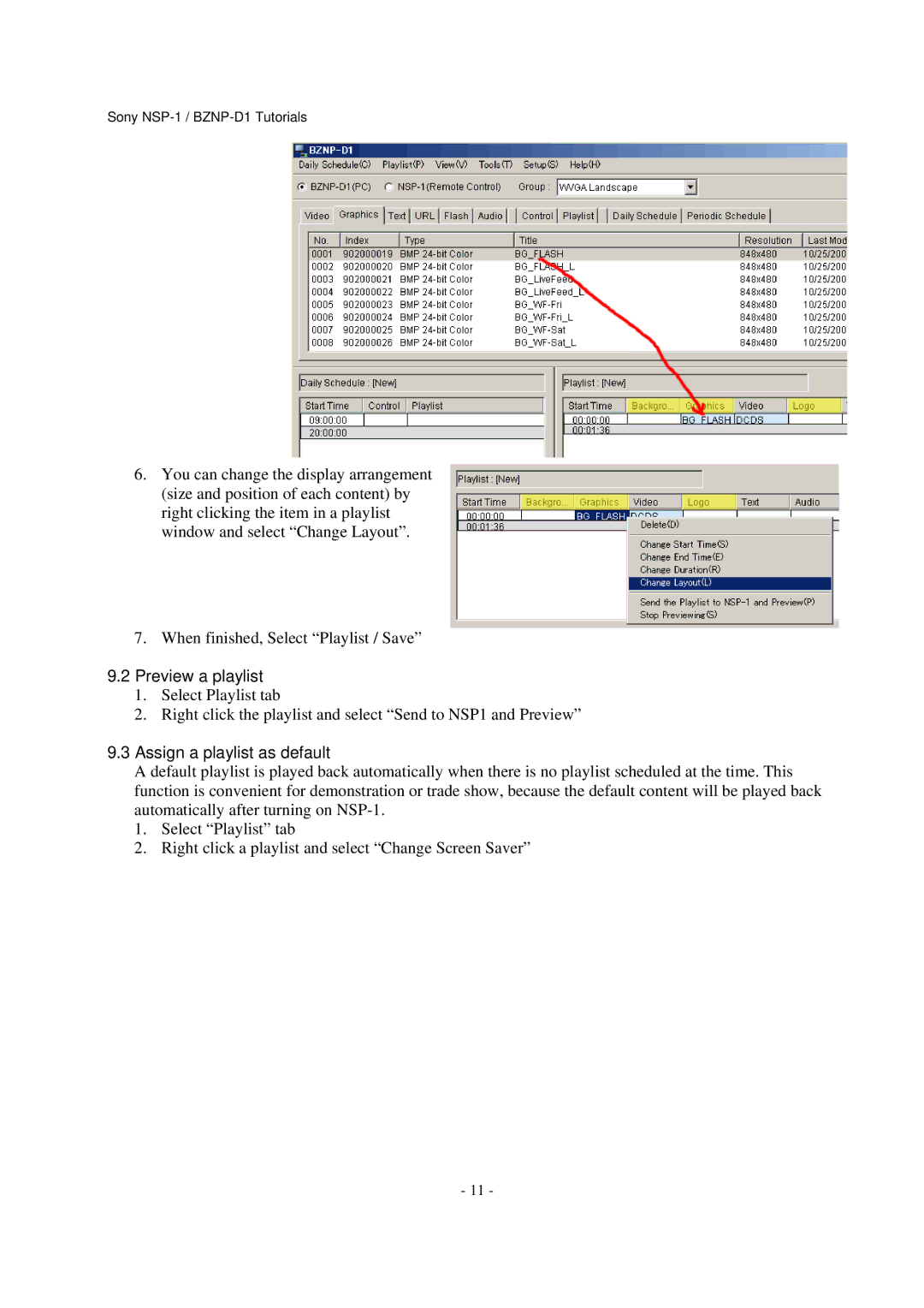 Sony BZNP-D1, NSP-1 manual Preview a playlist, Assign a playlist as default 