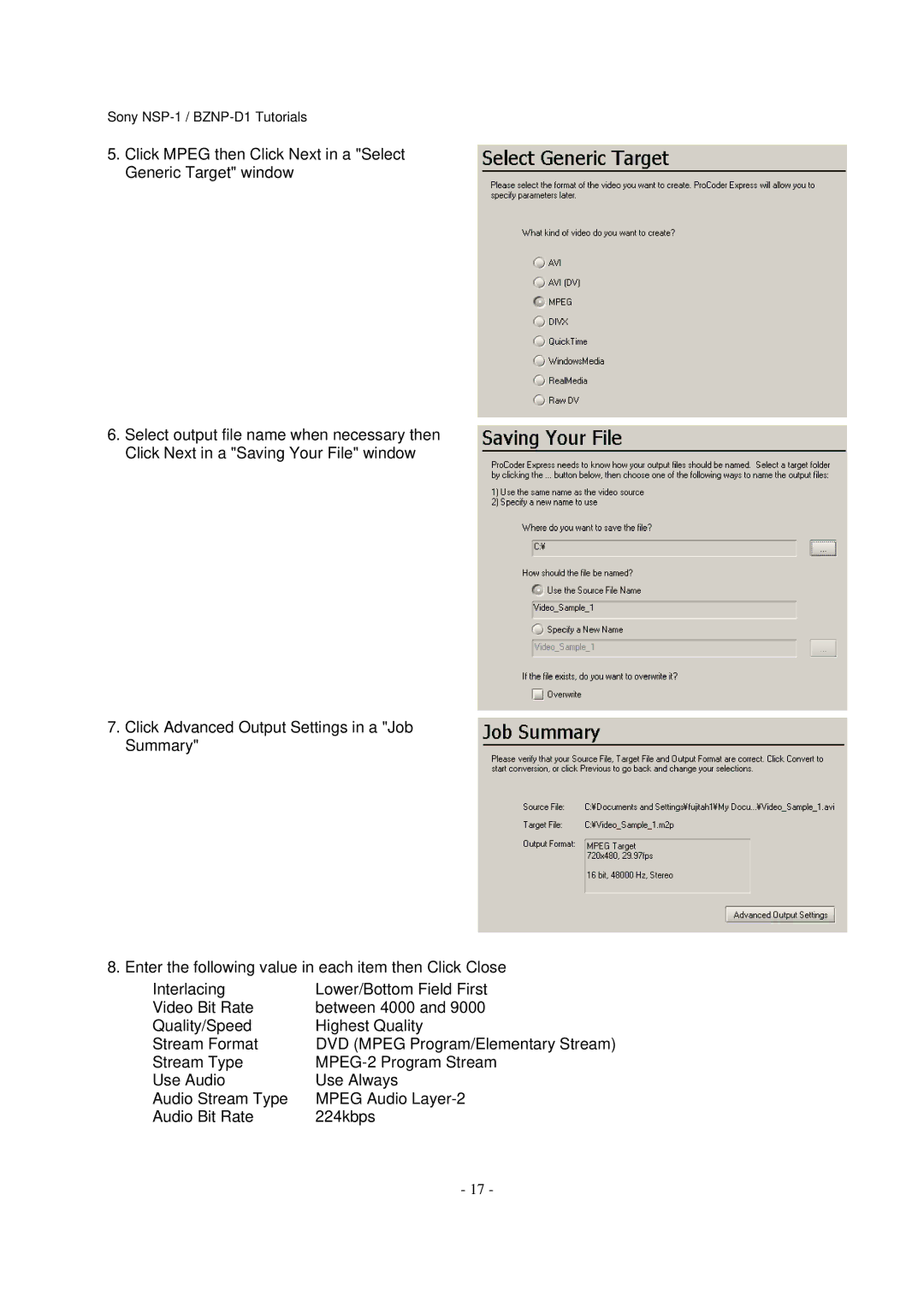 Sony BZNP-D1, NSP-1 manual Click Mpeg then Click Next in a Select Generic Target window 