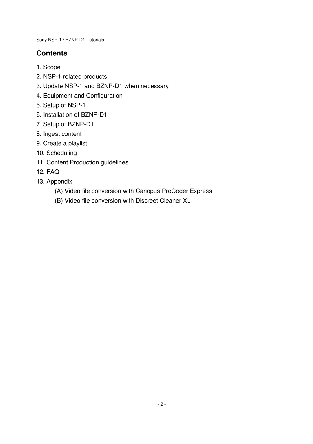 Sony NSP-1, BZNP-D1 manual Contents 