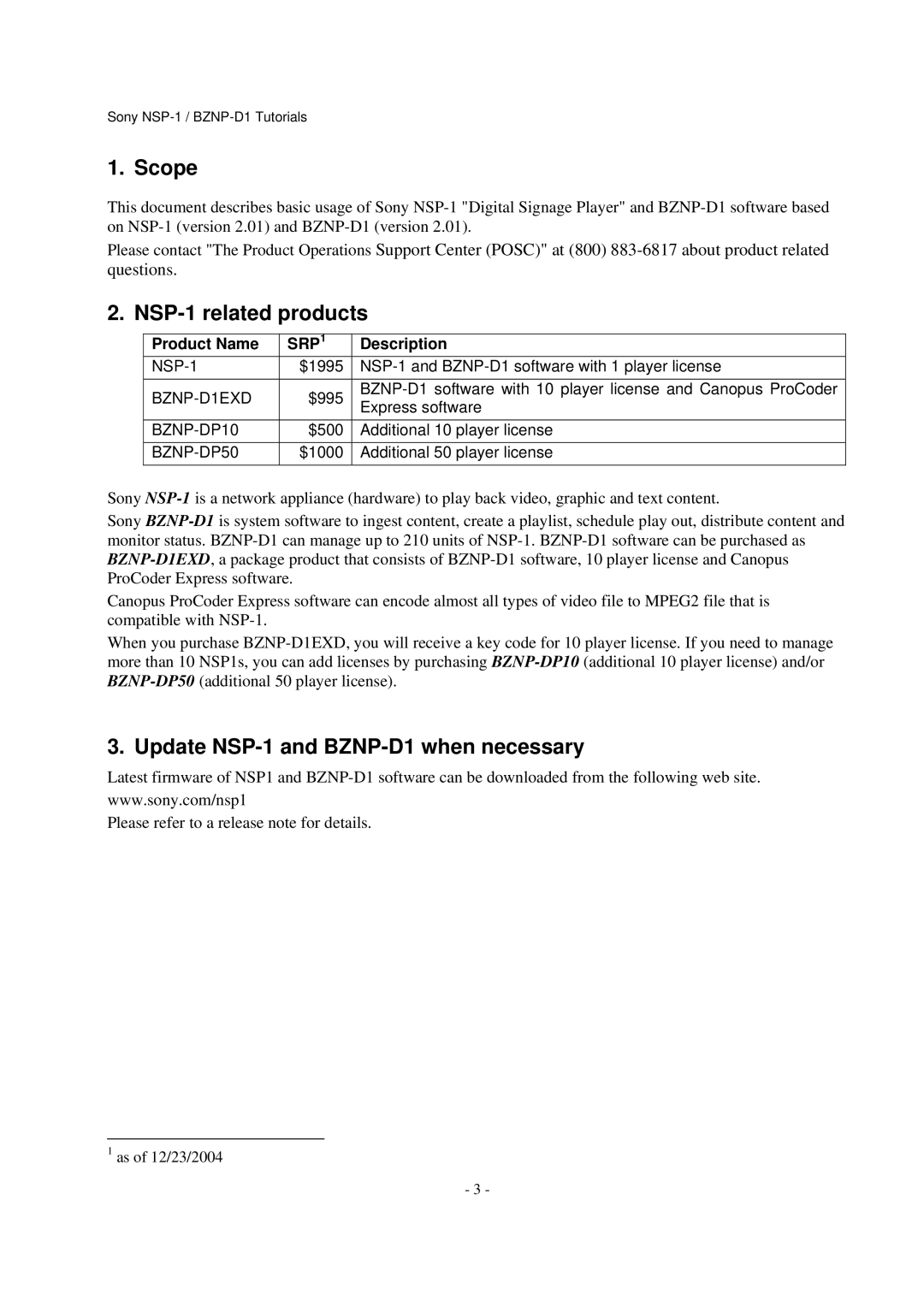 Sony manual Scope, NSP-1 related products, Update NSP-1 and BZNP-D1 when necessary 