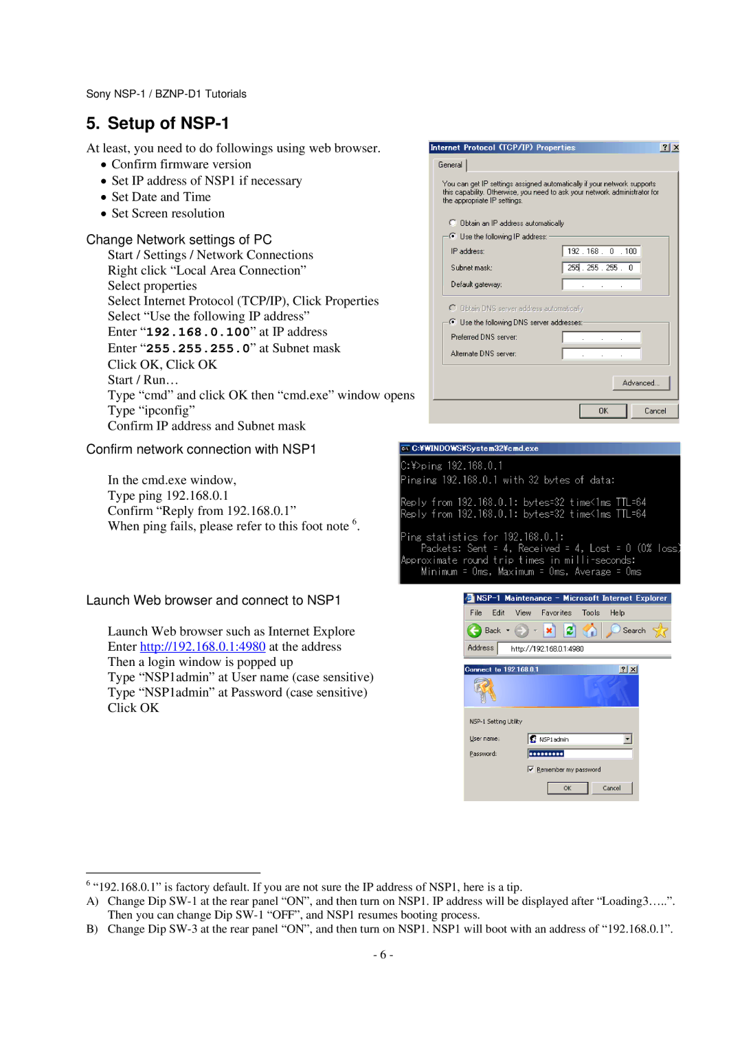 Sony BZNP-D1 manual Setup of NSP-1, Change Network settings of PC, Confirm network connection with NSP1 