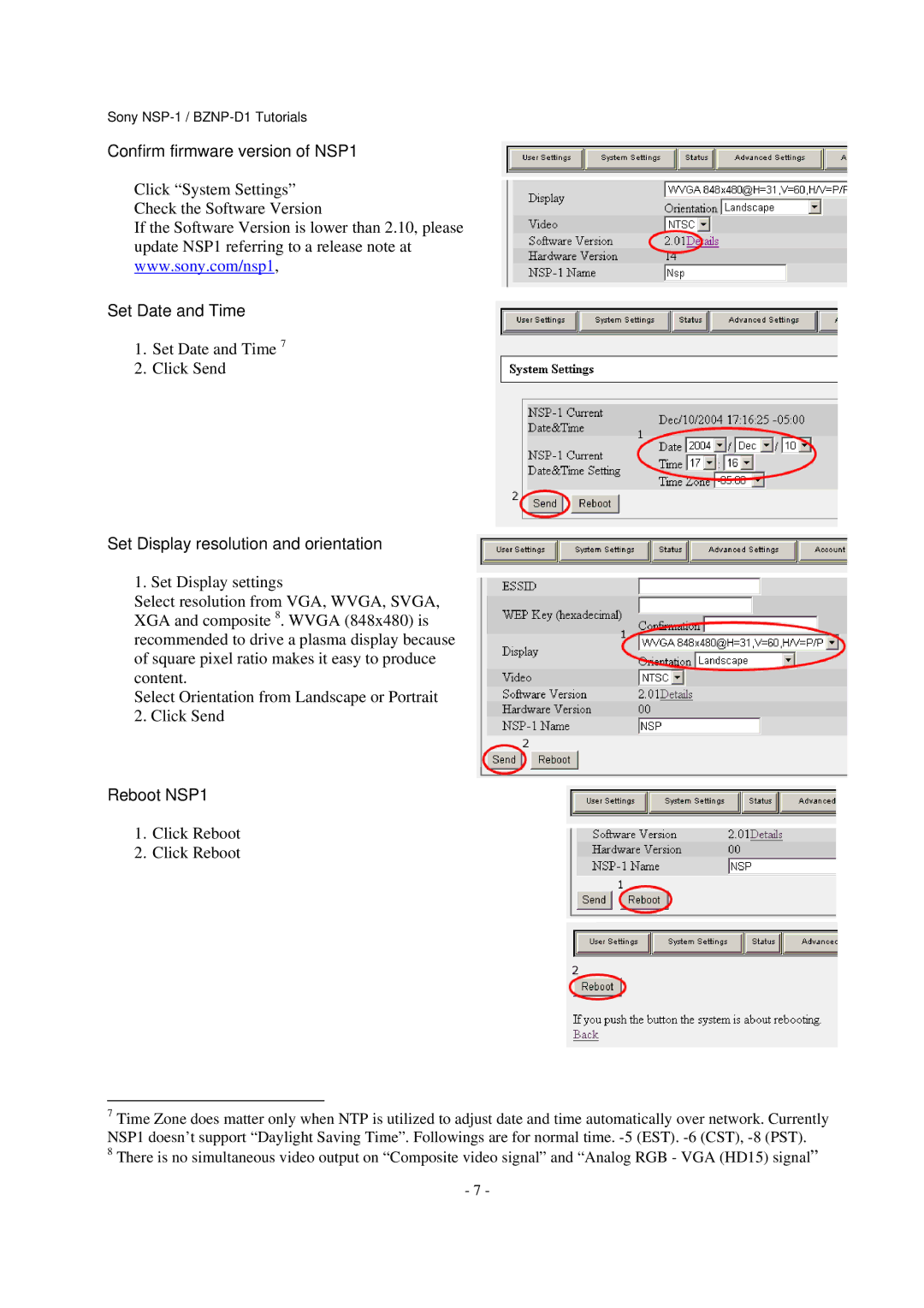 Sony BZNP-D1 Confirm firmware version of NSP1, Set Date and Time, Set Display resolution and orientation, Reboot NSP1 