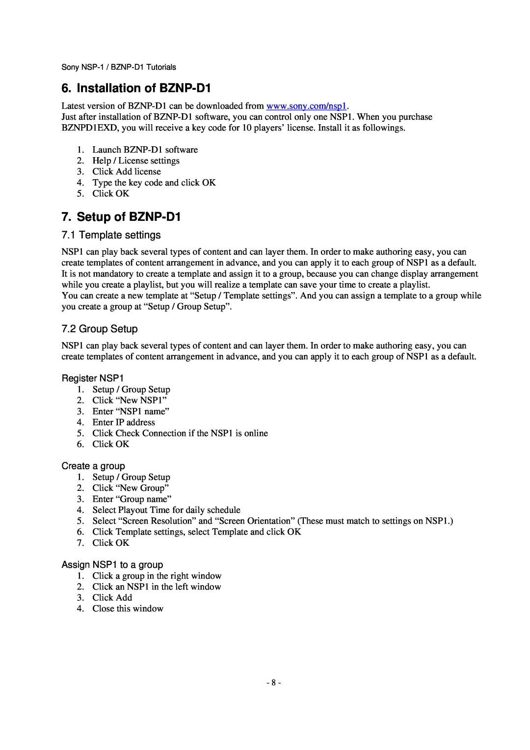 Sony NSP-1 manual Installation of BZNP-D1, Setup of BZNP-D1, Template settings, Group Setup 