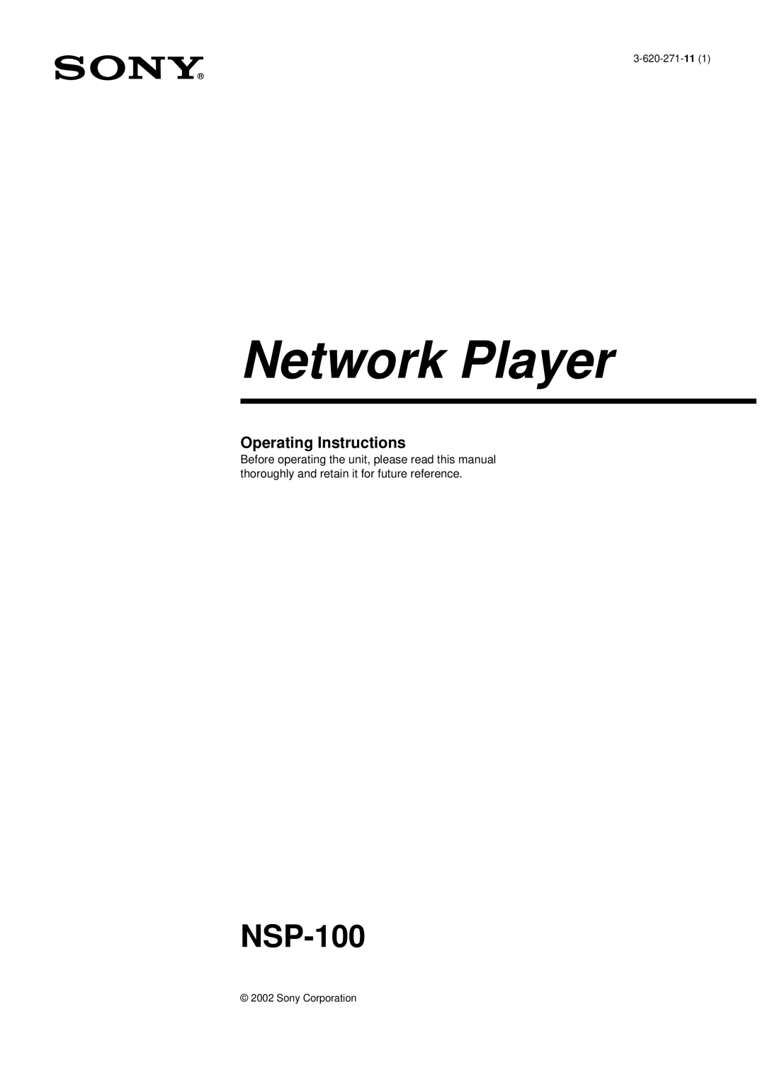 Sony NSP-100 manual Network Player 