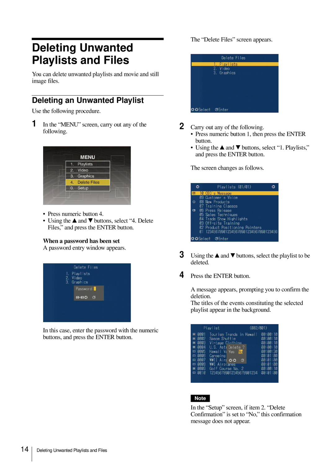 Sony NSP-100 manual Deleting an Unwanted Playlist, When a password has been set 