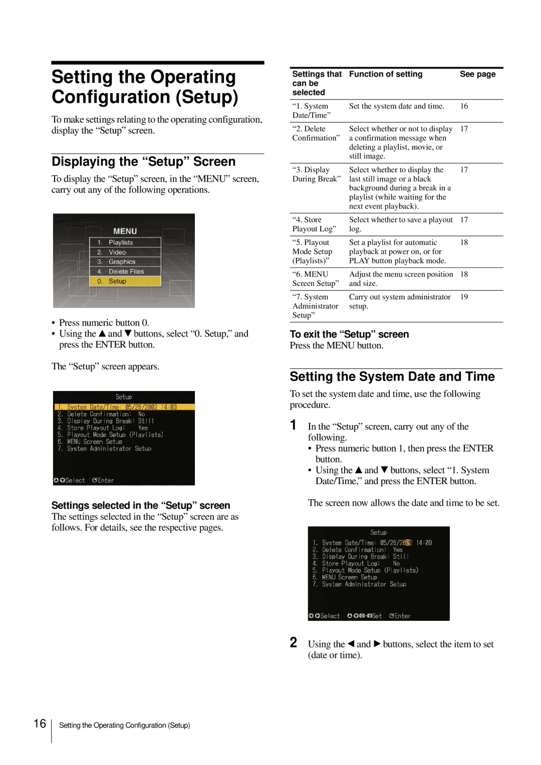 Sony NSP-100 manual Displaying the Setup Screen, Setting the System Date and Time, To exit the Setup screen 