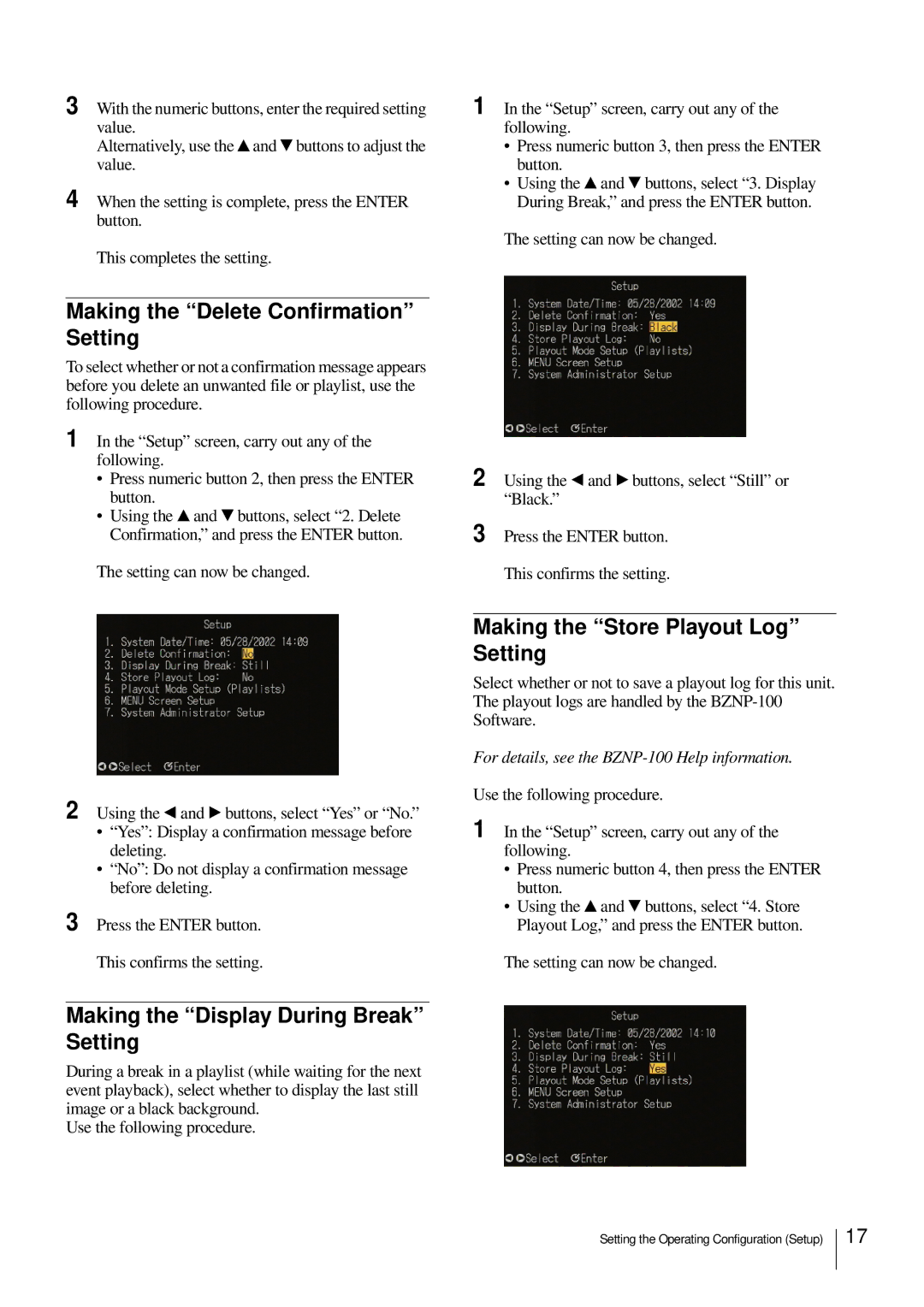 Sony NSP-100 manual Making the Delete Confirmation Setting, Making the Display During Break Setting 