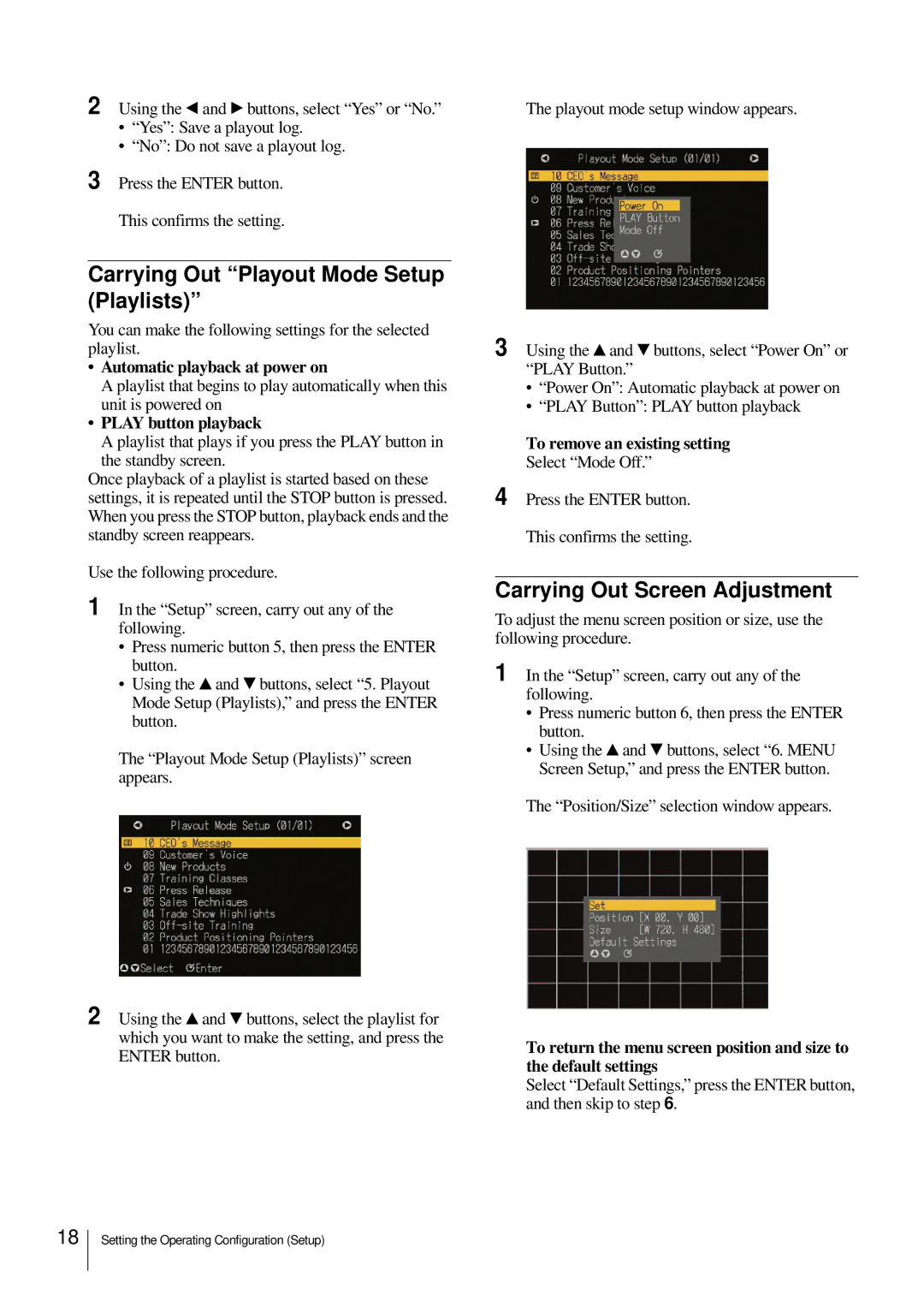 Sony NSP-100 Carrying Out Playout Mode Setup Playlists, Carrying Out Screen Adjustment, To remove an existing setting 