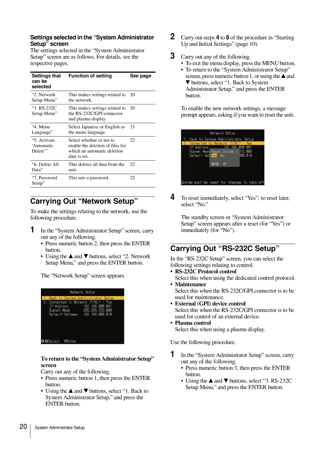 Sony NSP-100 manual Carrying Out Network Setup, Carrying Out RS-232C Setup 