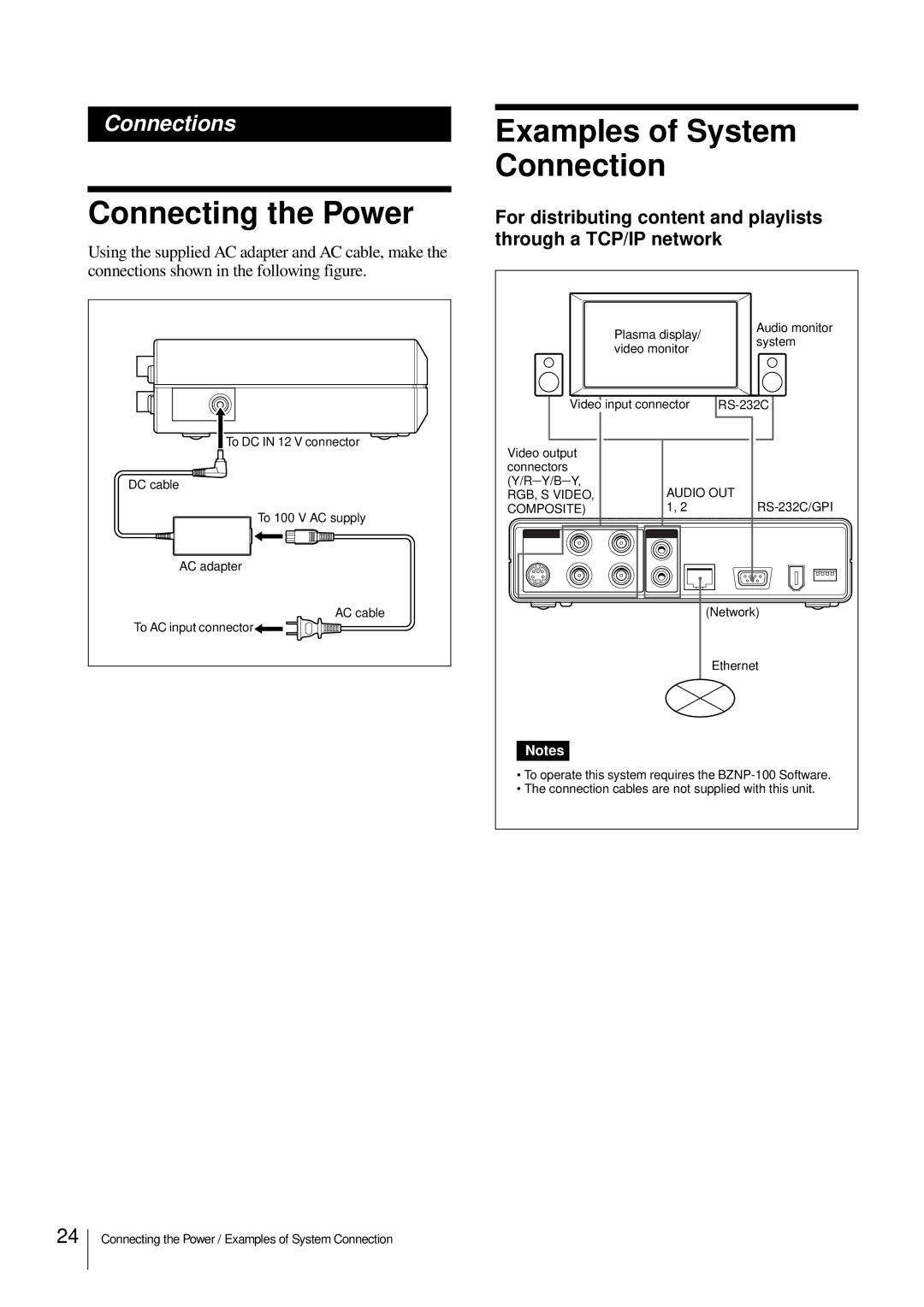 Sony NSP-100 manual Connecting the Power, Examples of System Connection 