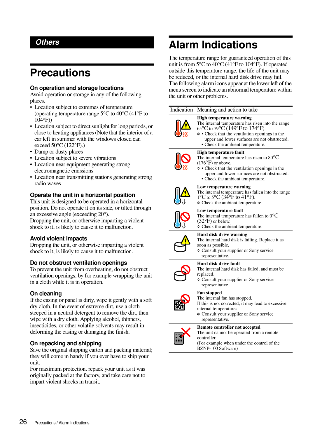 Sony NSP-100 manual Precautions, Alarm Indications 