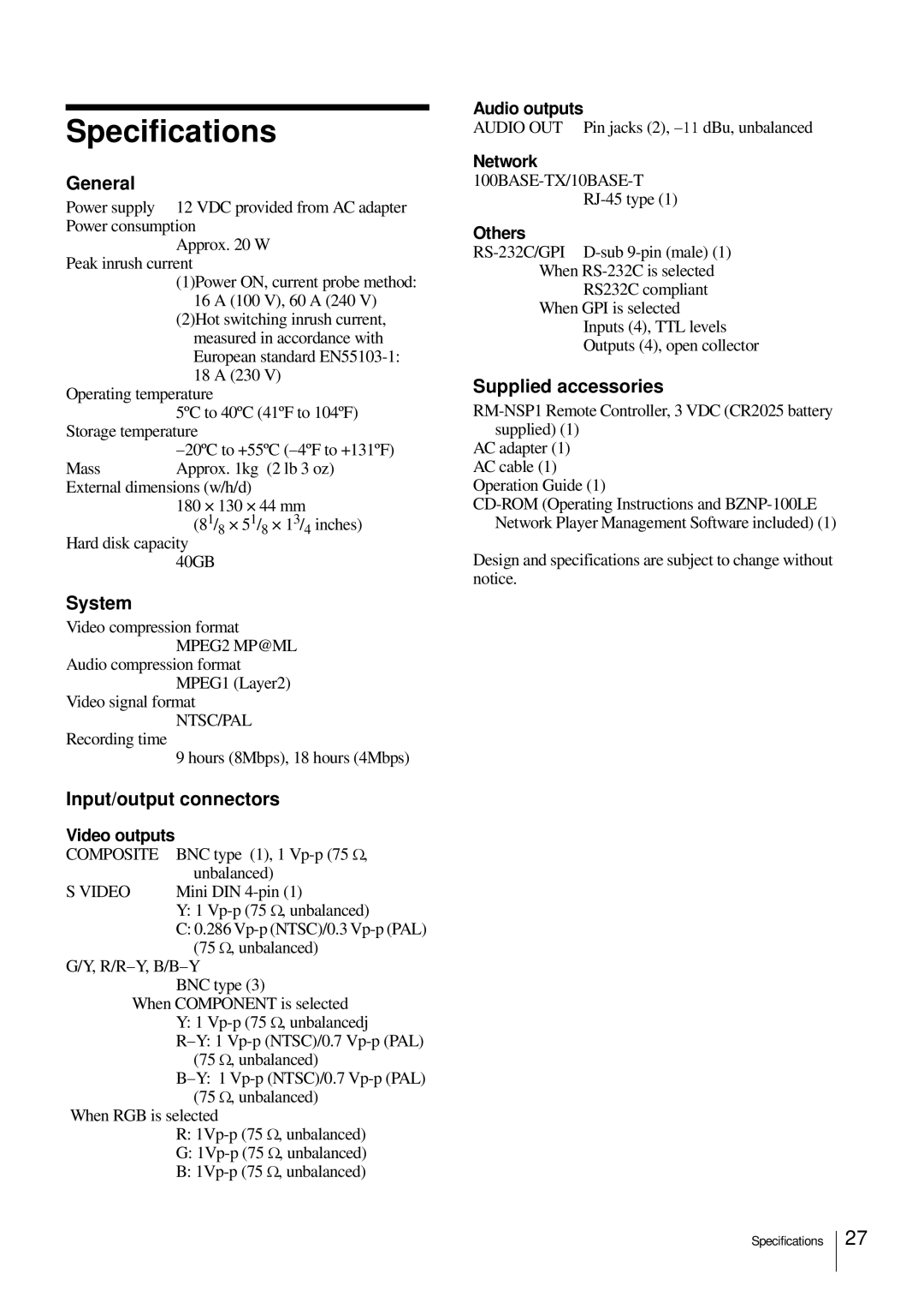 Sony NSP-100 manual Specifications, Audio outputs, Others 