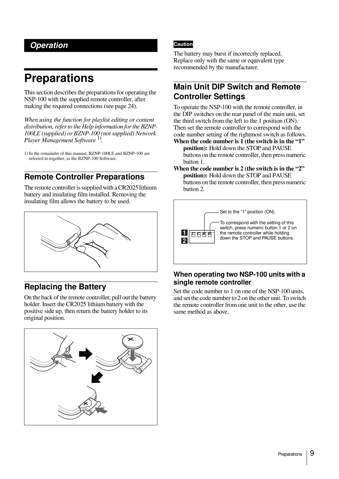 Sony NSP-100 manual Remote Controller Preparations, Main Unit DIP Switch and Remote Controller Settings 