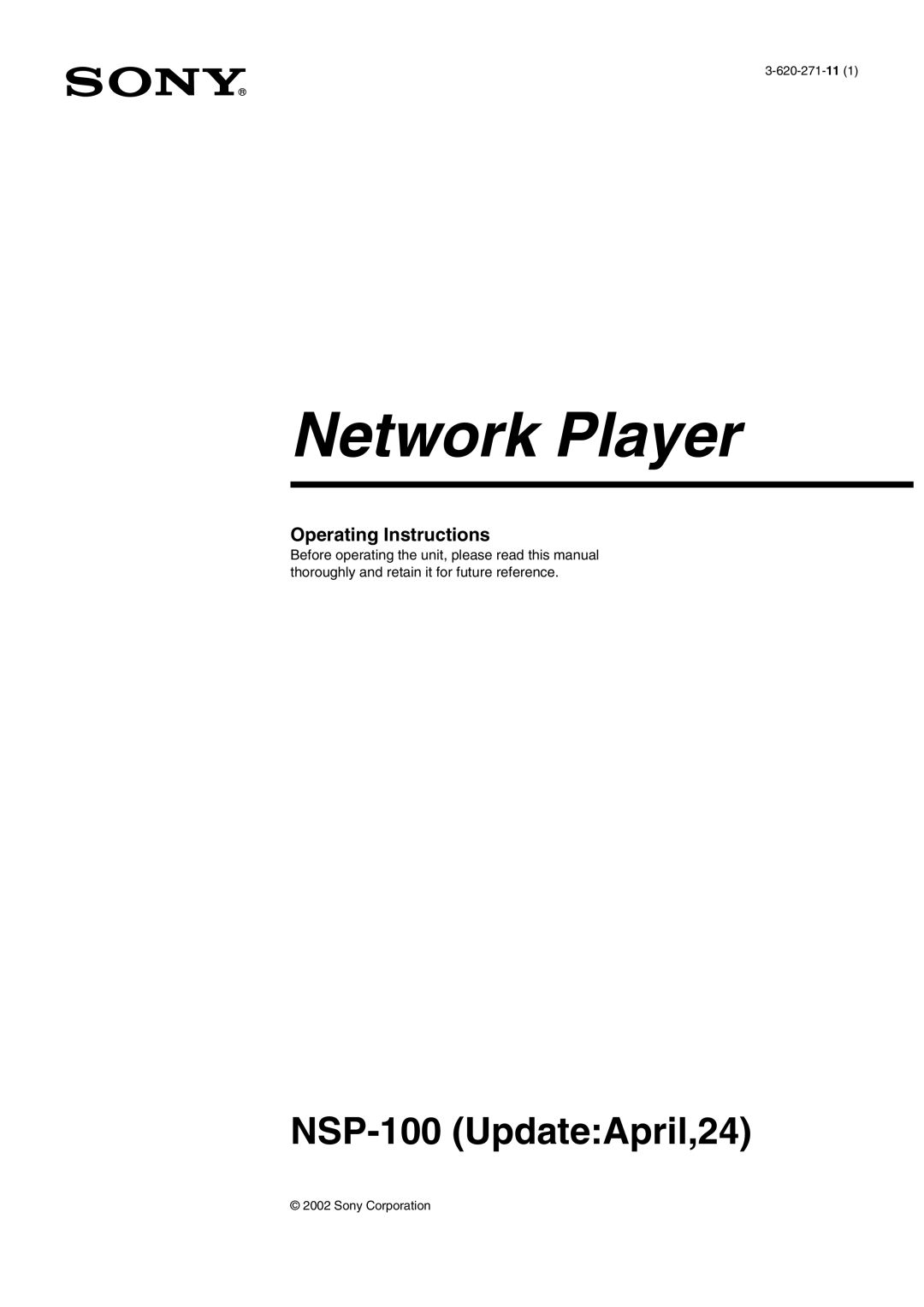 Sony NSP-100 manual Network Player 