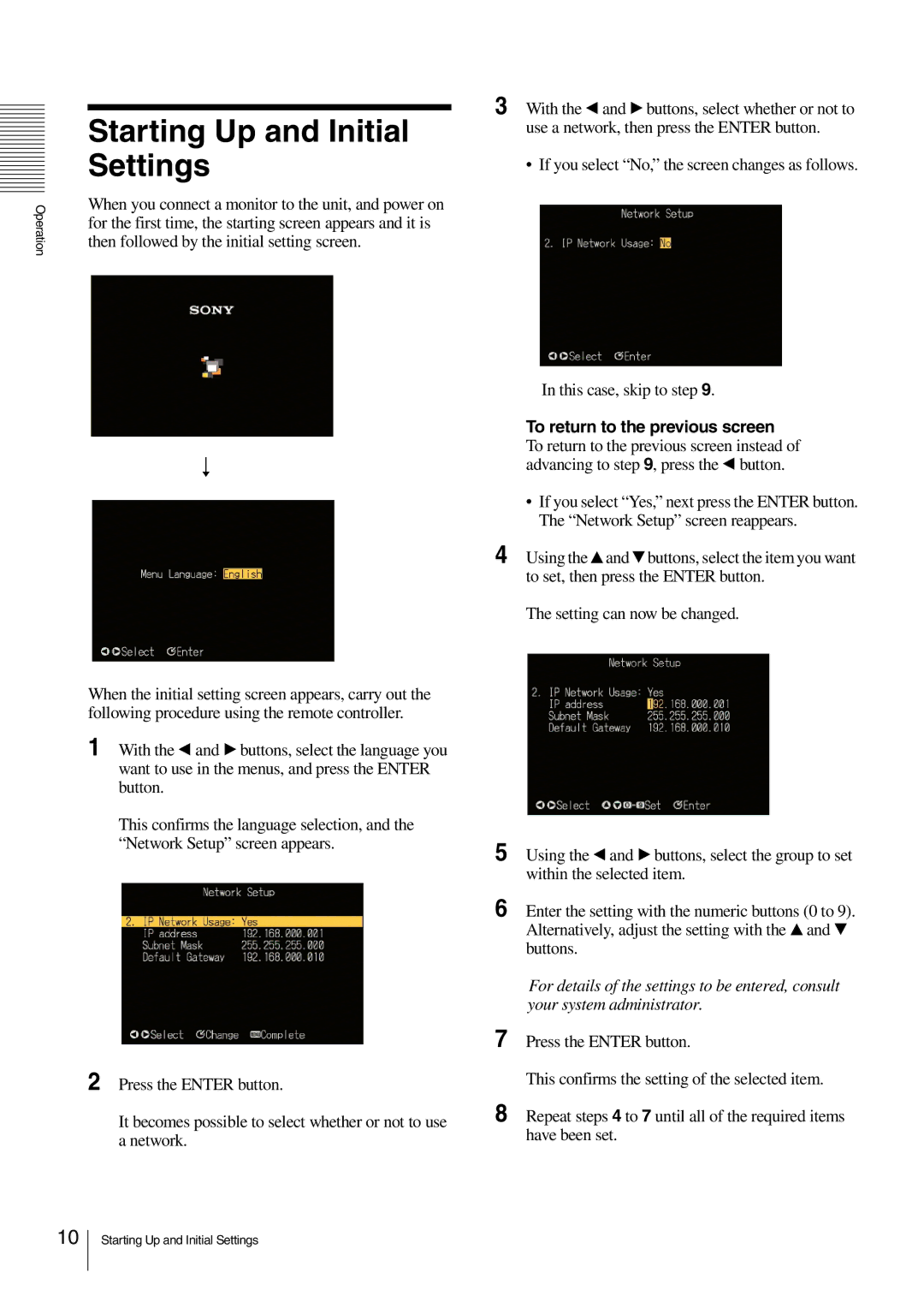 Sony NSP-100 manual Starting Up and Initial Settings, Then followed by the initial setting screen 