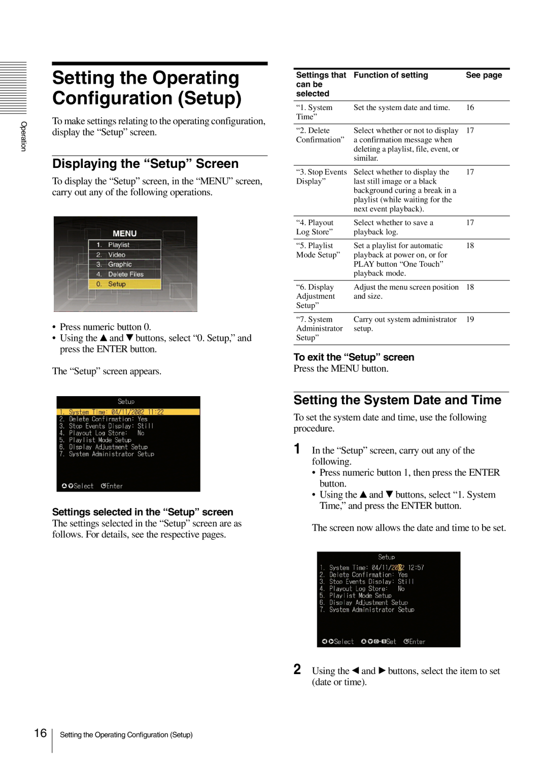 Sony NSP-100 manual Displaying the Setup Screen, Setting the System Date and Time, To exit the Setup screen 