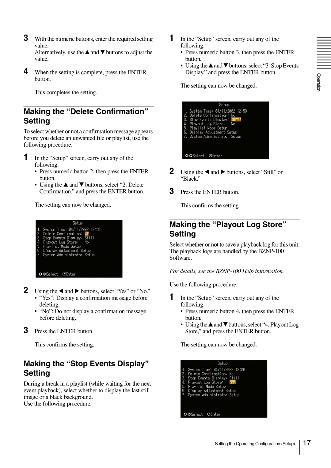 Sony NSP-100 manual Making the Delete Confirmation Setting, Making the Stop Events Display Setting 