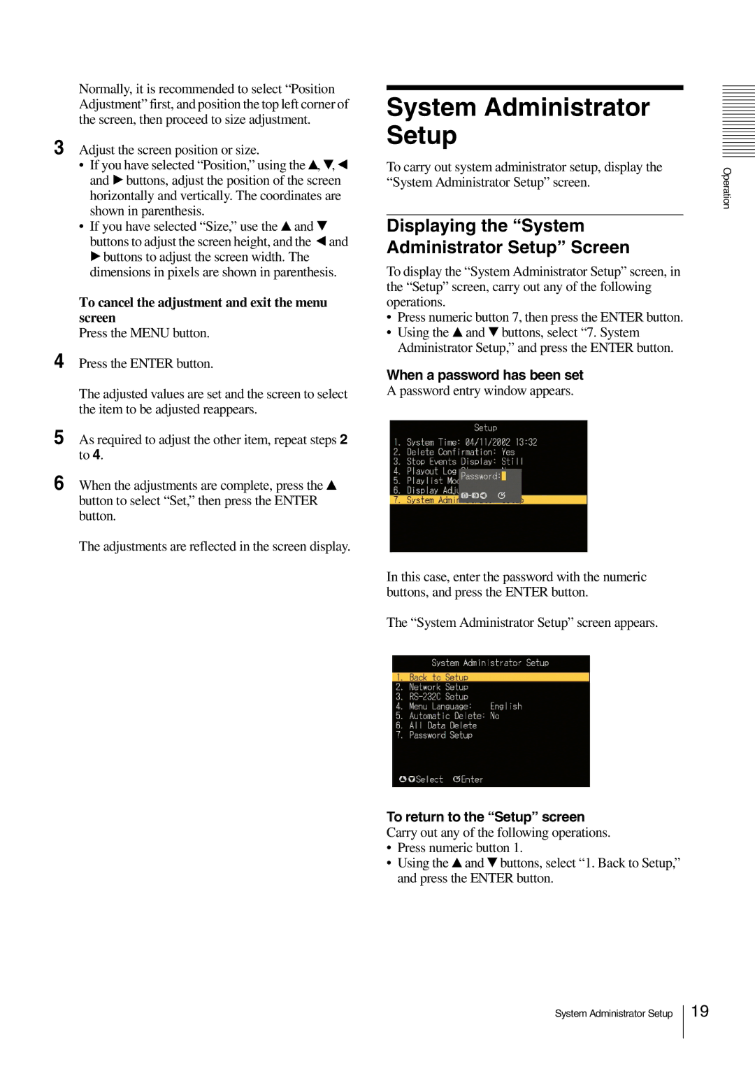 Sony NSP-100 System Administrator Setup, To cancel the adjustment and exit the menu screen, When a password has been set 