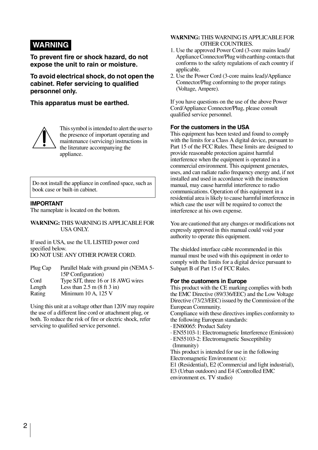 Sony NSP-100 manual For the customers in the USA, For the customers in Europe 