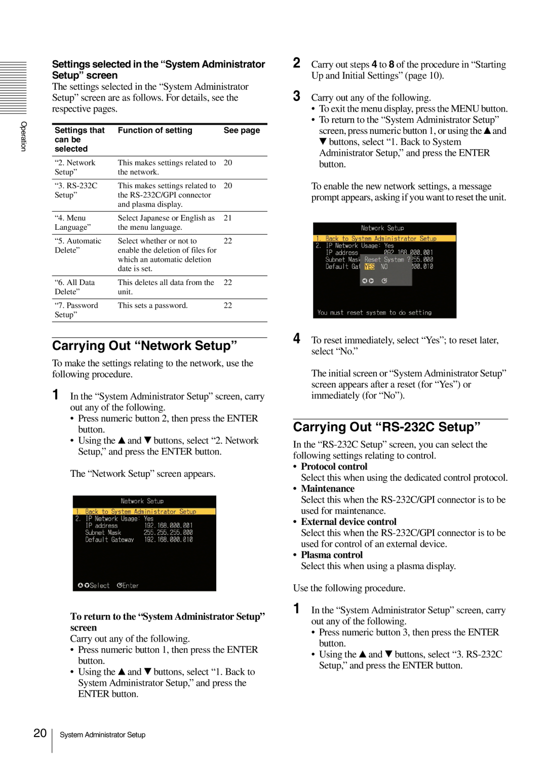 Sony NSP-100 manual Carrying Out Network Setup, Carrying Out RS-232C Setup 