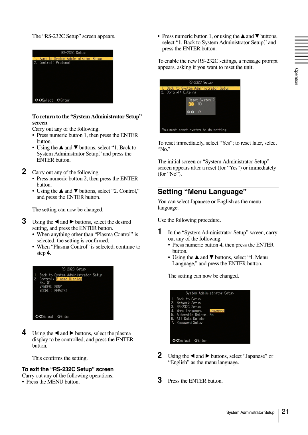 Sony NSP-100 manual Setting Menu Language 