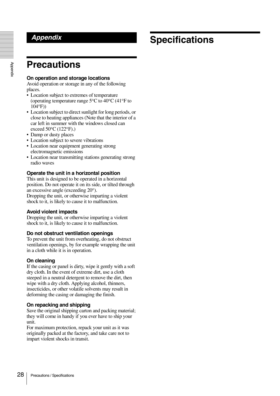 Sony NSP-100 manual AppendixSpecifications Precautions 