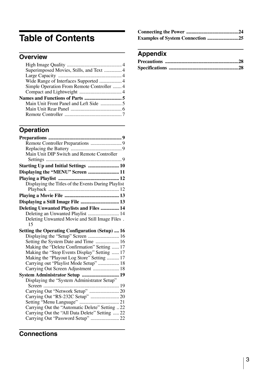 Sony NSP-100 manual Table of Contents 