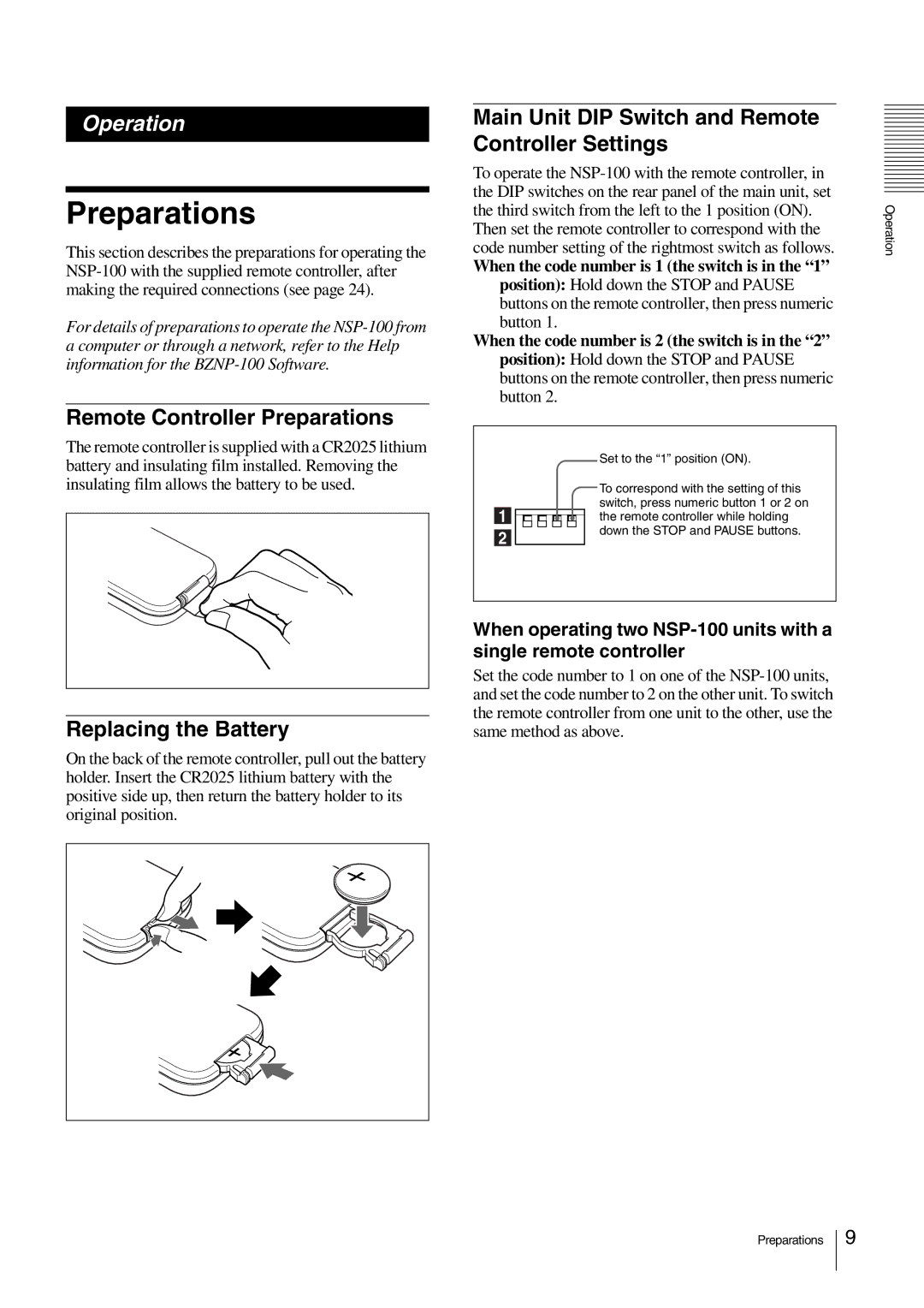 Sony NSP-100 manual Remote Controller Preparations, Replacing the Battery 