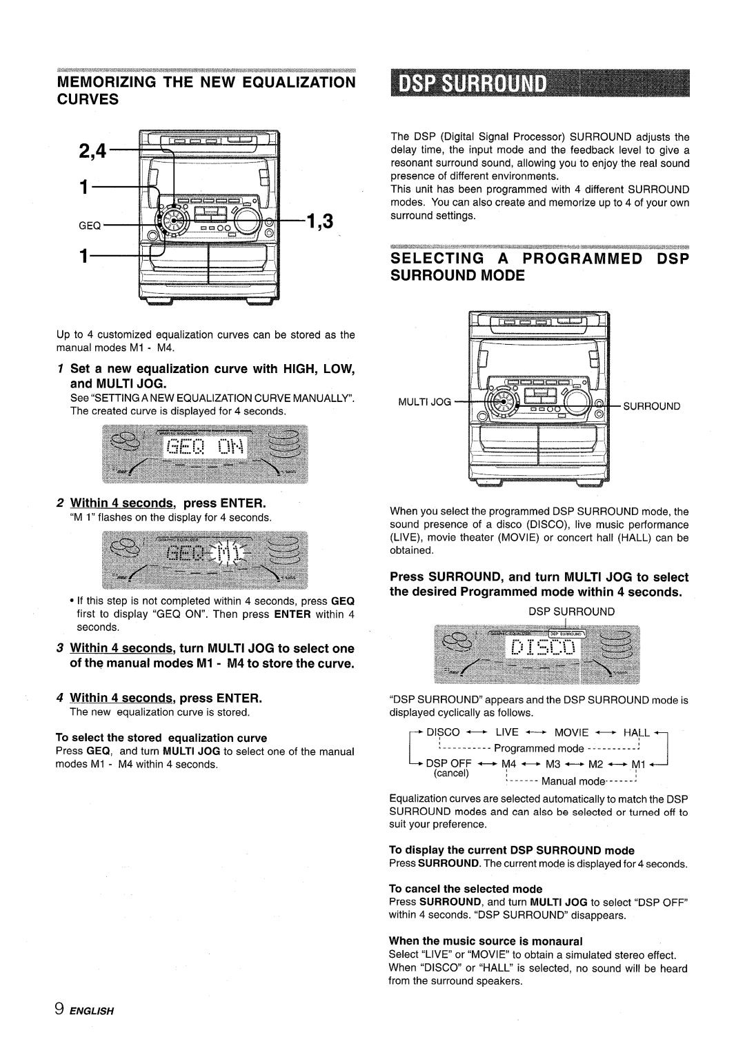 Sony NSX-A707 manual Set a new equalization curve with HIGH, LOW, and Multi JOG, Within 4 seconds, press Enter 