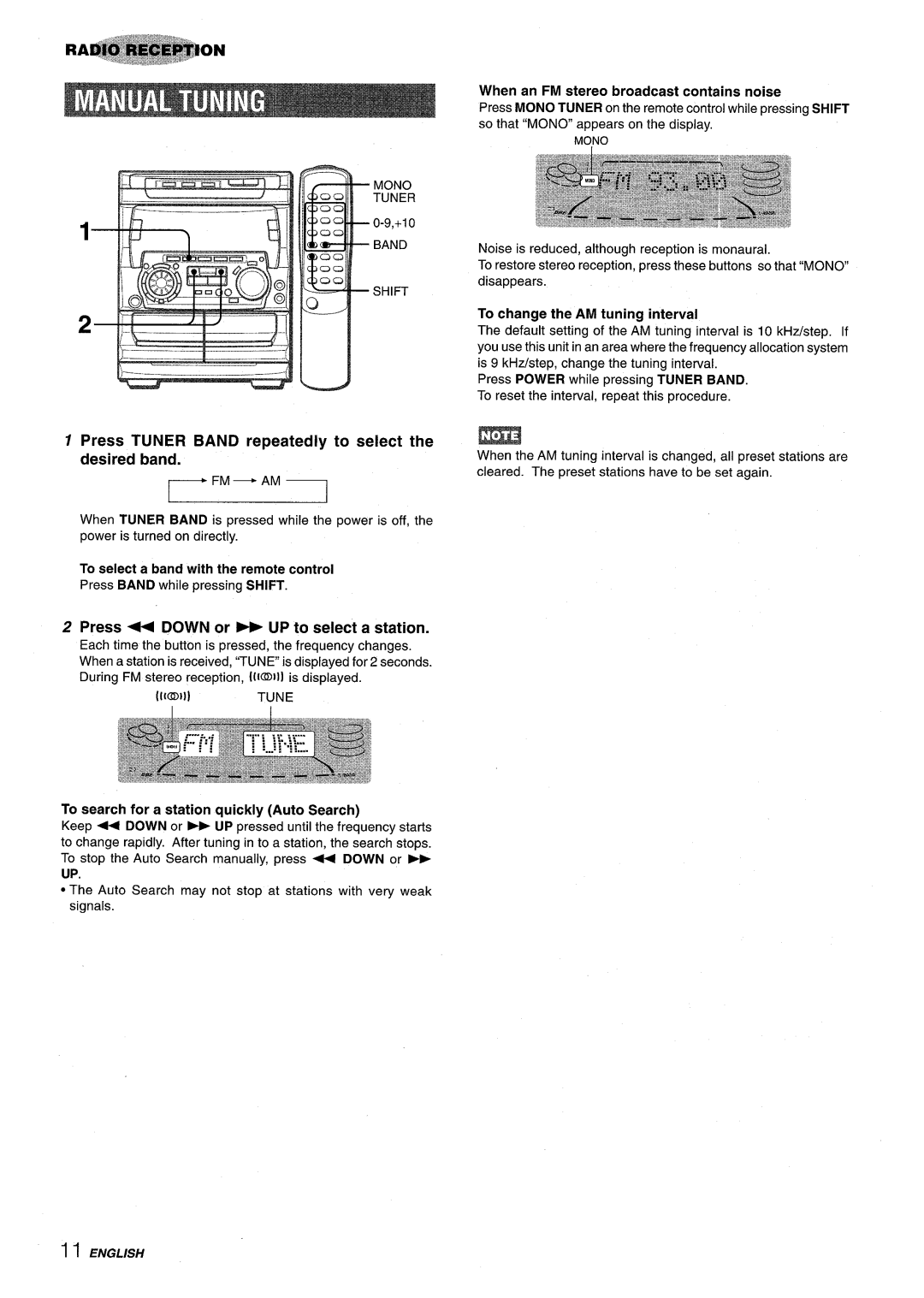 Sony NSX-A707 manual Press Tuner Band repeatedly to select the desired band, Press + Down or ~ UP to select a station 