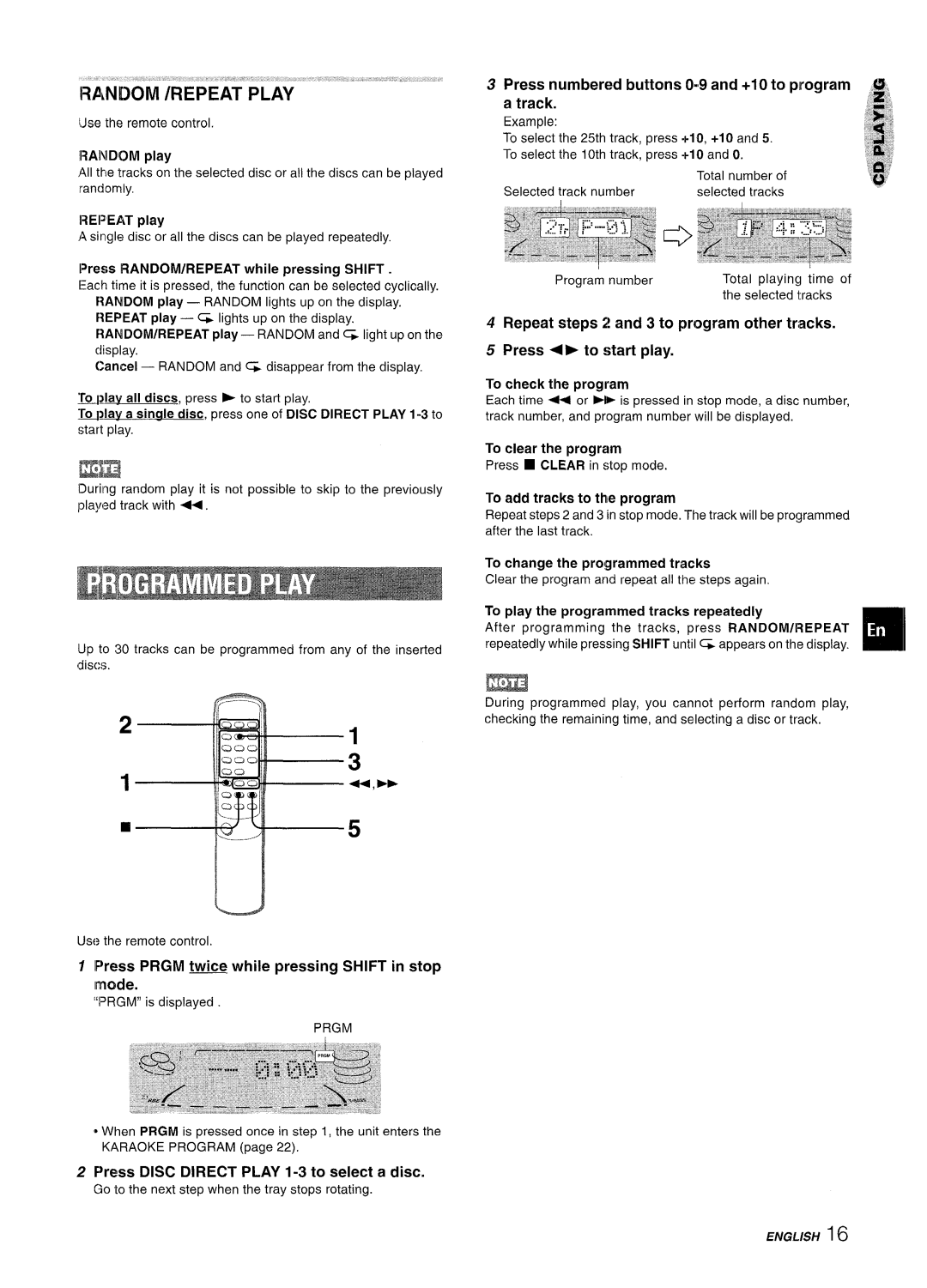 Sony NSX-A707 manual Ll%ss Prgm twice while pressing Shift in stop mode, Press Disc Direct Play 1-3 to select a disc 