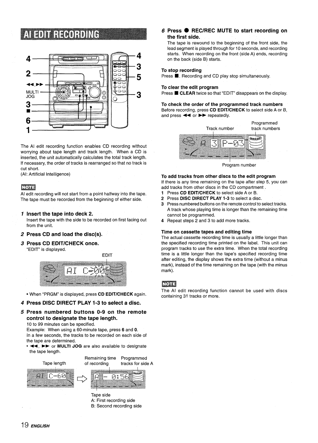 Sony NSX-A707 manual Insert the tape into deck, Press CD and load the discs Press CD EDIT/CHECK once, To stop recording 