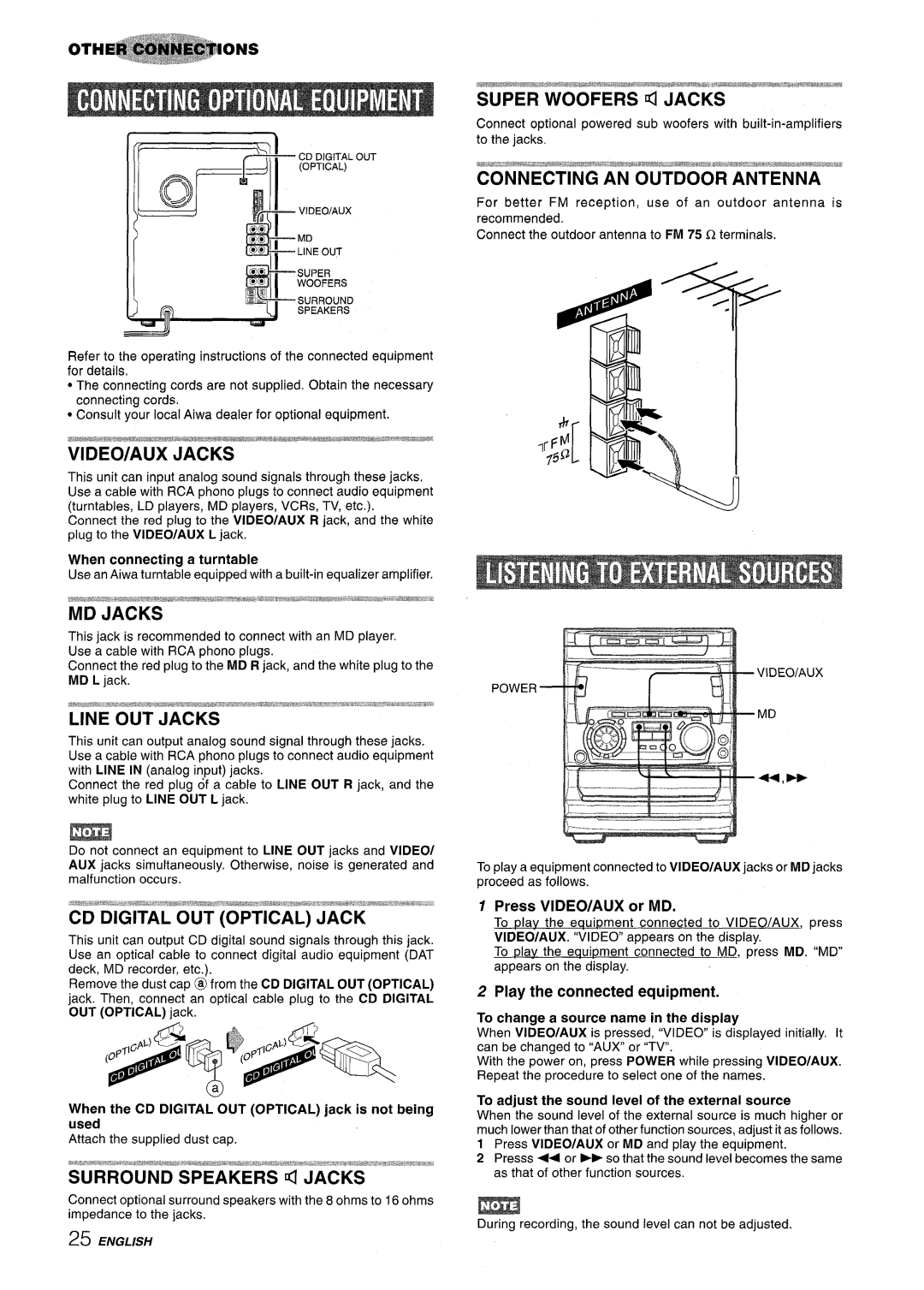 Sony NSX-A707 manual Super Woofers 4 Jacks, VIDEO/AUX Jacks, MD Jacks, Line OUT Jacks, CD Digital OUT Optical Jack 