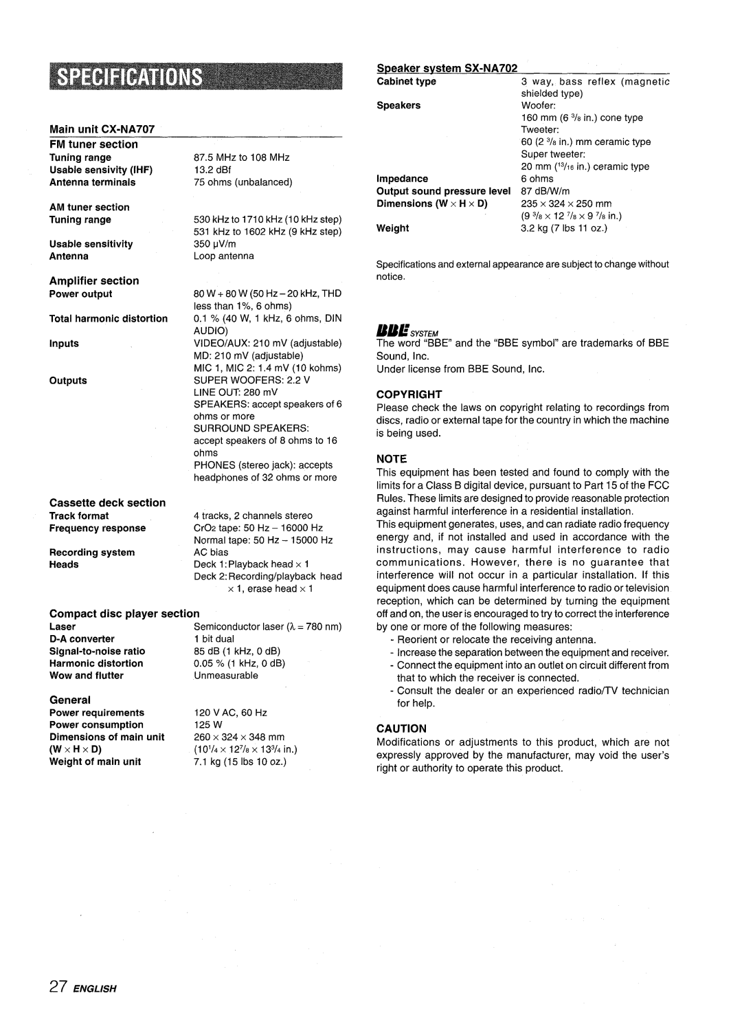 Sony NSX-A707 manual ~eaker svstem SX-NA702, Cassette deck section, Compact disc player section, General, Copyright 