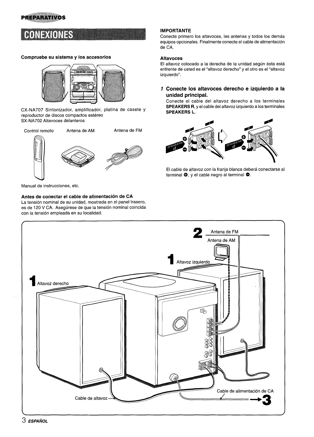 Sony NSX-A707 manual Compruebe su sistema y Ios accesorios, Altavoces, Antes de conectar et cable de alimentacion de CA 