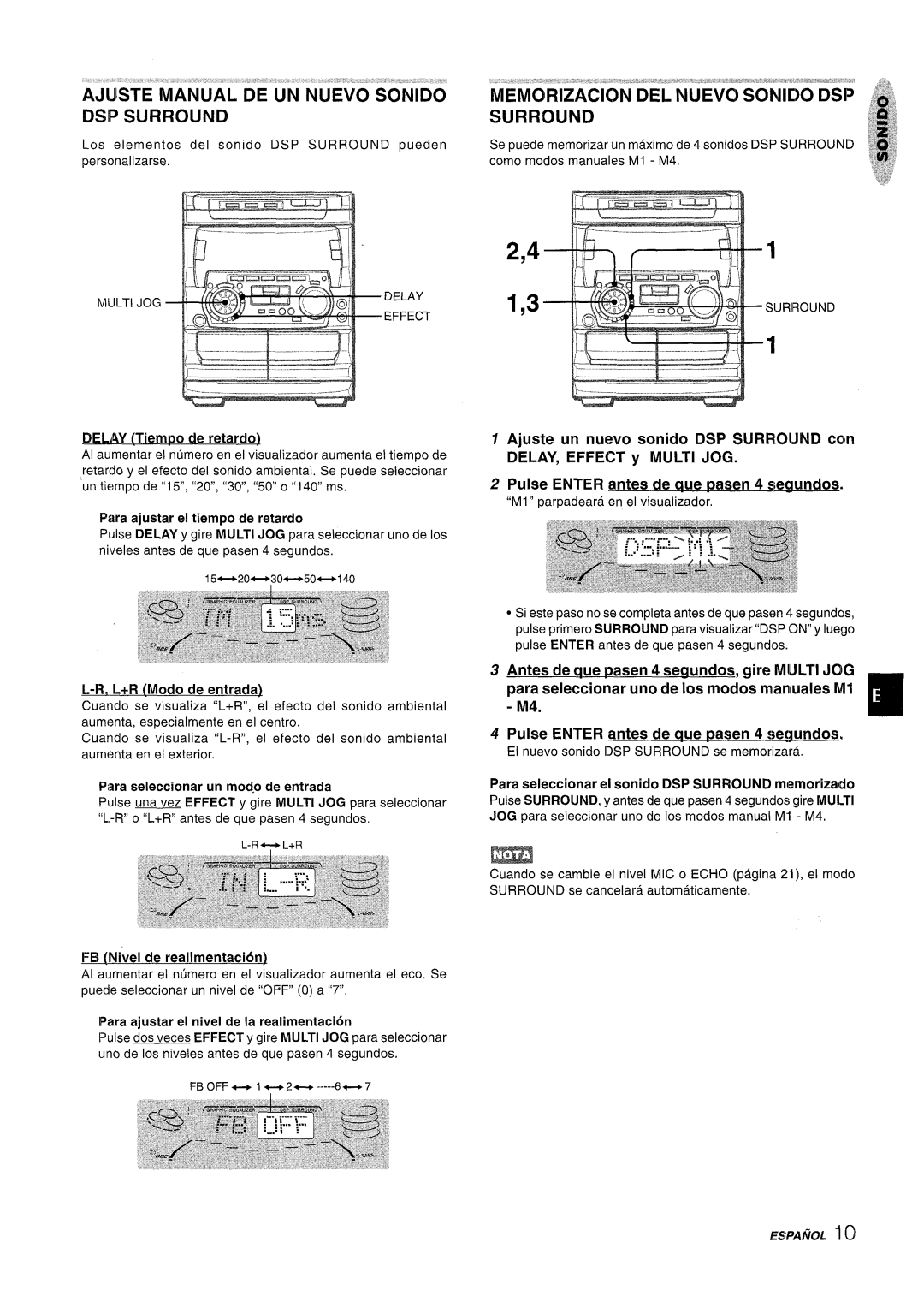 Sony NSX-A707 Delay Tiempo de retardo, Ra ajustar el tiempo de retardo, L+R Modo de entrada, ~Nivel de realimentacion 