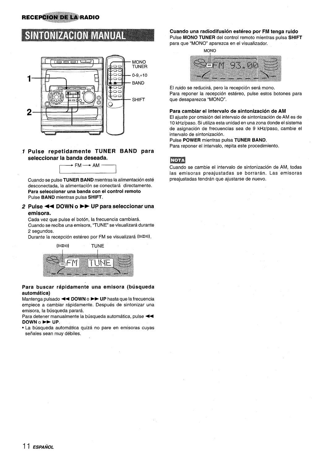 Sony NSX-A707 manual Pulse 44 Down 0- UP para seleccionar una emisora, Para cambiar el intervalo de sintonizacion de AM 