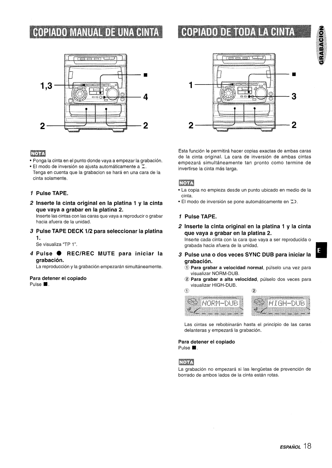 Sony NSX-A707 manual ’ulse Tape Deck 1/2 para seleccionar la platina, Pulse @ REC/REC Mute para iniciar la grabacion 